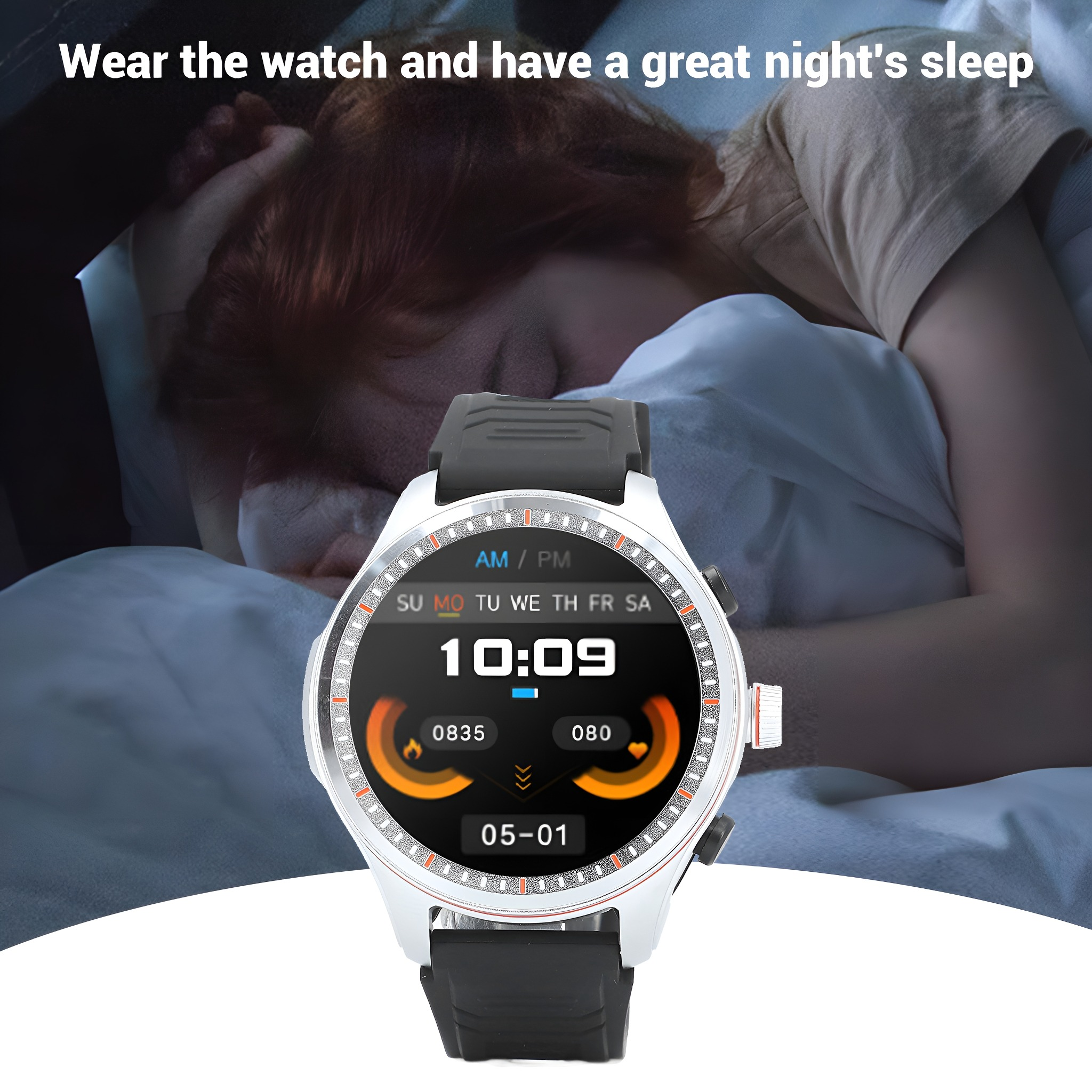 Eine Person trägt eine Smartwatch. Das Display zeigt Zeit, Datum und Gesundheitsdaten.