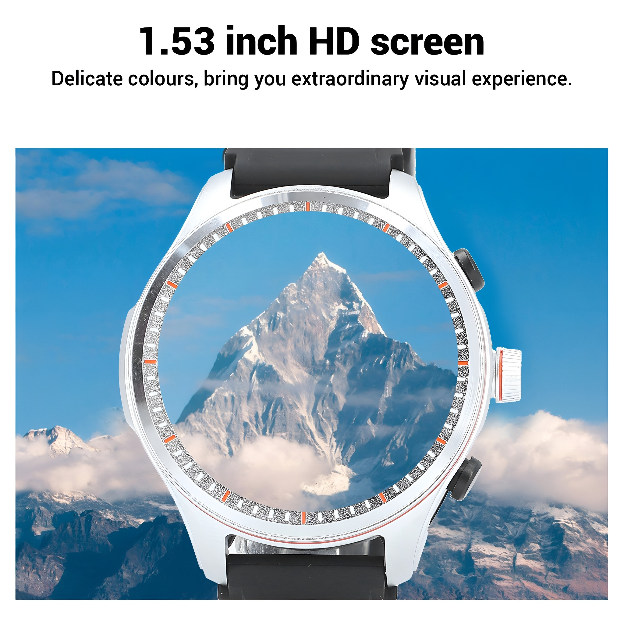 Smartwatch mit einer Berglandschaft. Es hat einen weißen Rahmen mit schwarzem Band.