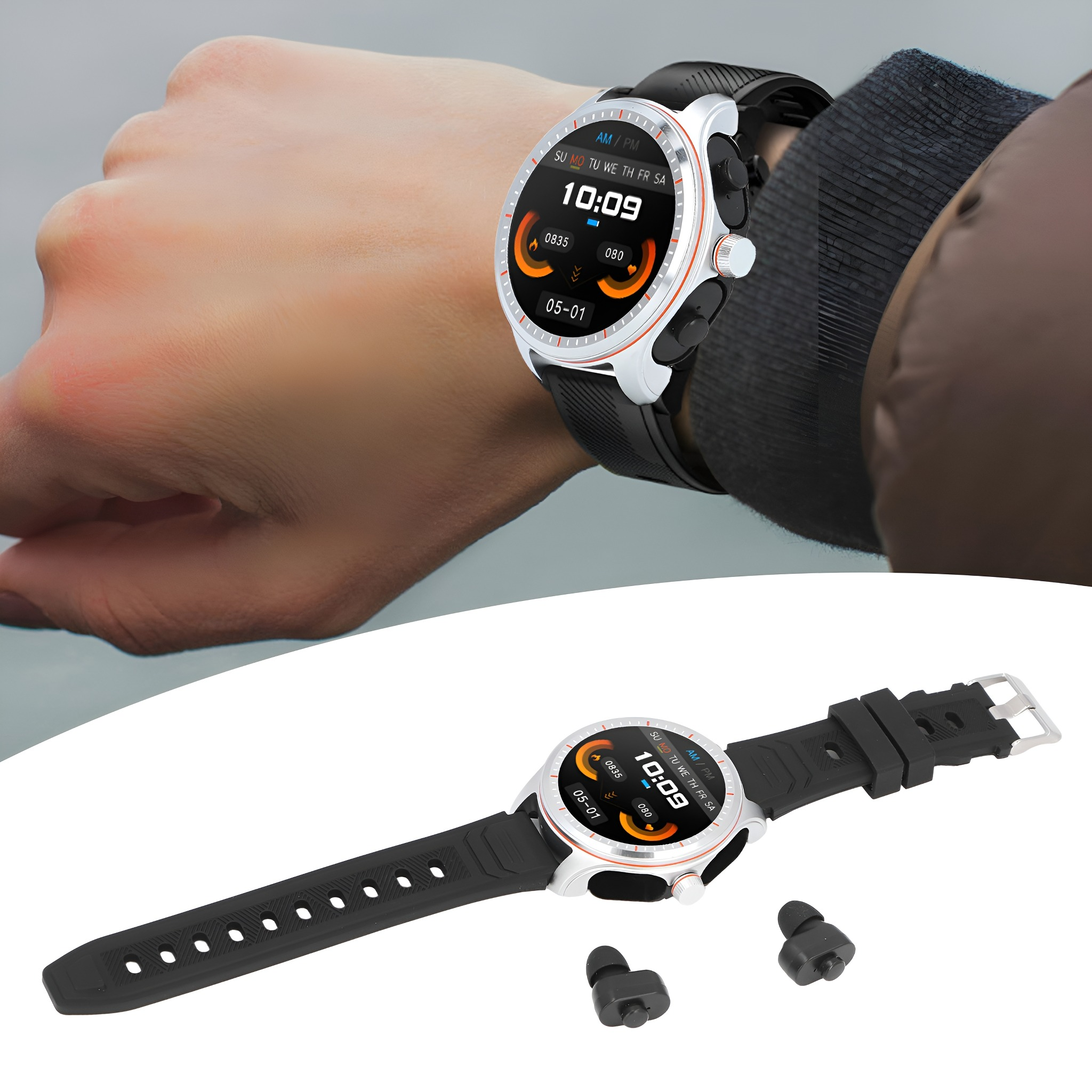 Eine Smartwatch am Handgelenk und ein Paar Ohrhörer.
