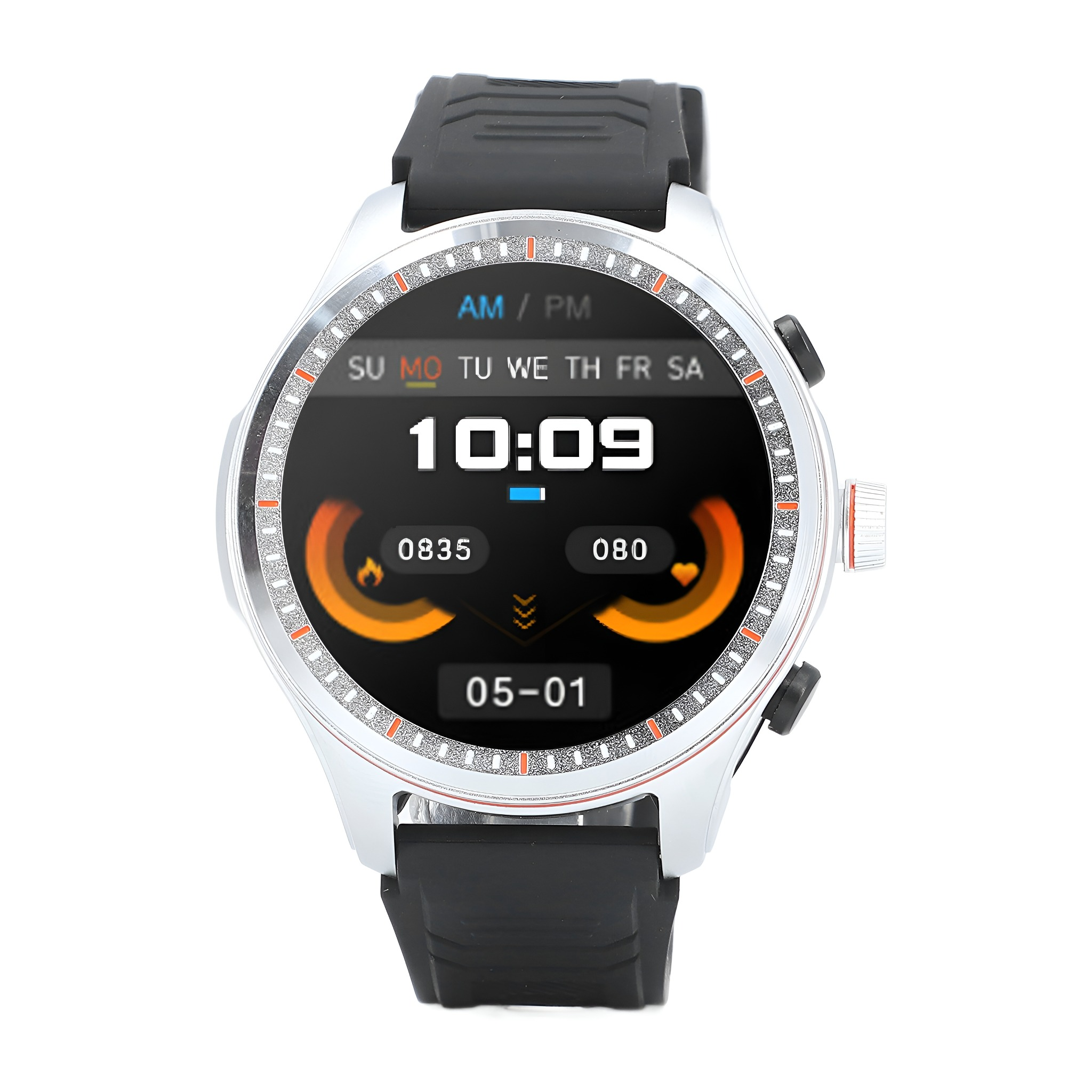 Eine silberne Smartwatch mit schwarzem Armband, die Zeit und Gesundheitsdaten auf dem Bildschirm anzeigt.