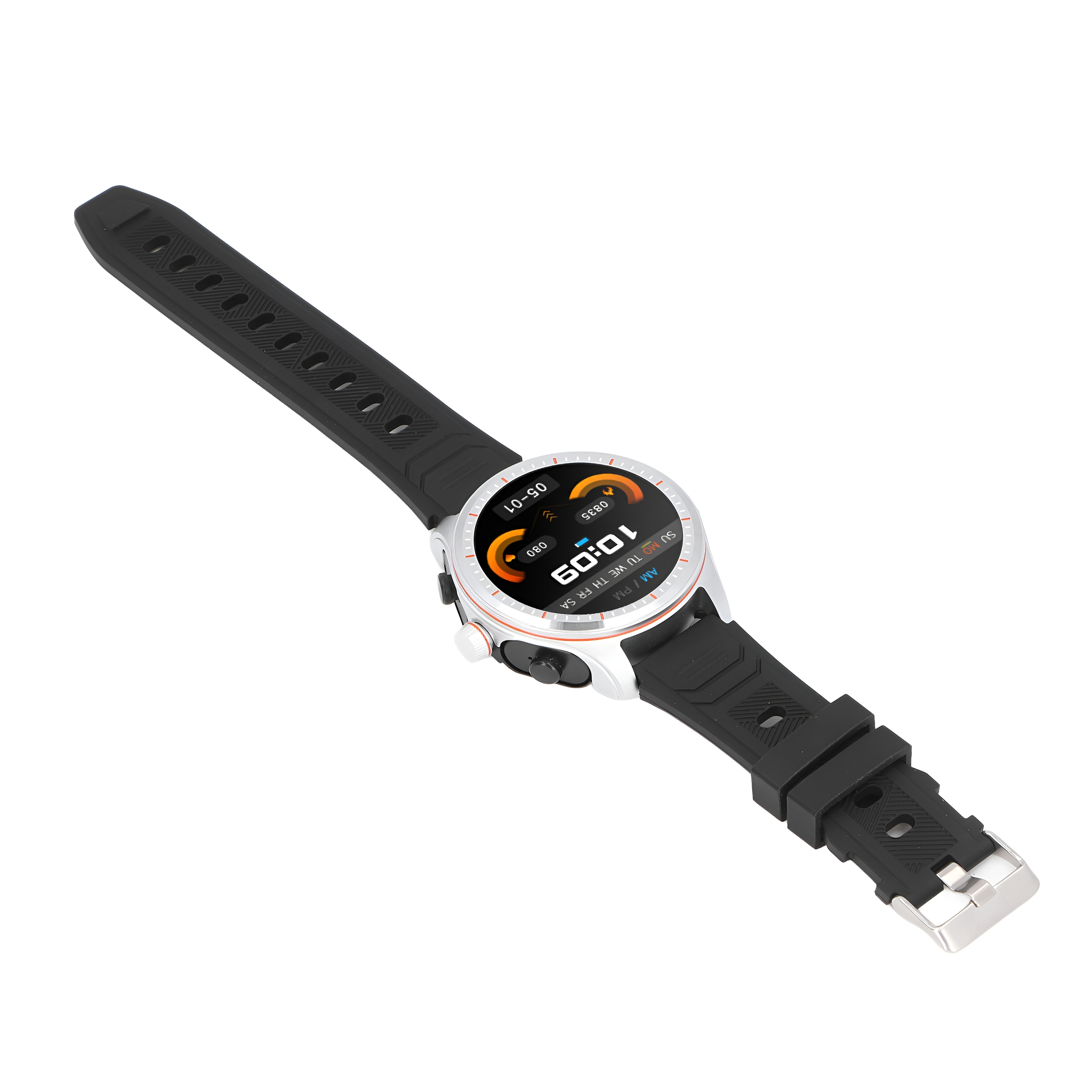 Eine schwarze und silberne Smartwatch mit schwarzem Armband, angewinkelt, zeigt Zeit und Gesundheitsdaten.