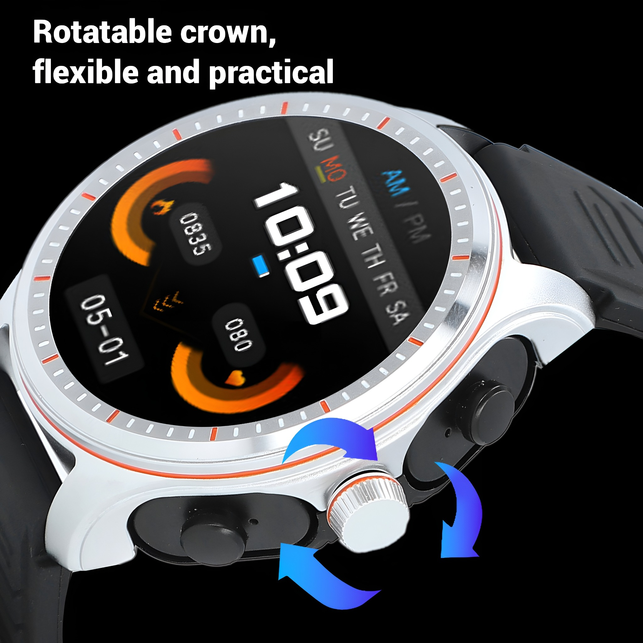 Eine Smartwatch mit drehbarer Krone und Knöpfen. Das Zifferblatt zeigt Zeit und weitere Informationen.