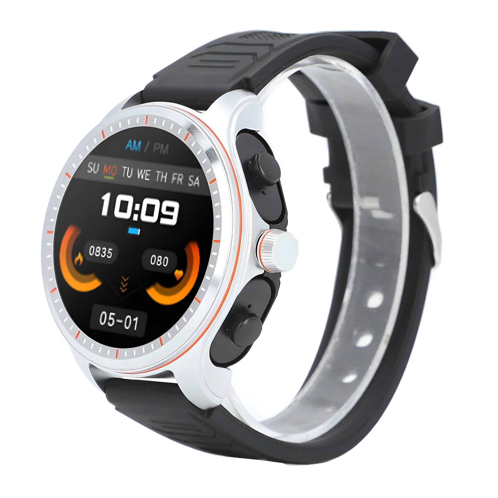 Smartwatch mit schwarzem Armband und silberner Lünette. Anzeige zeigt Uhrzeit: 10:09. Orange Akzentfarben.