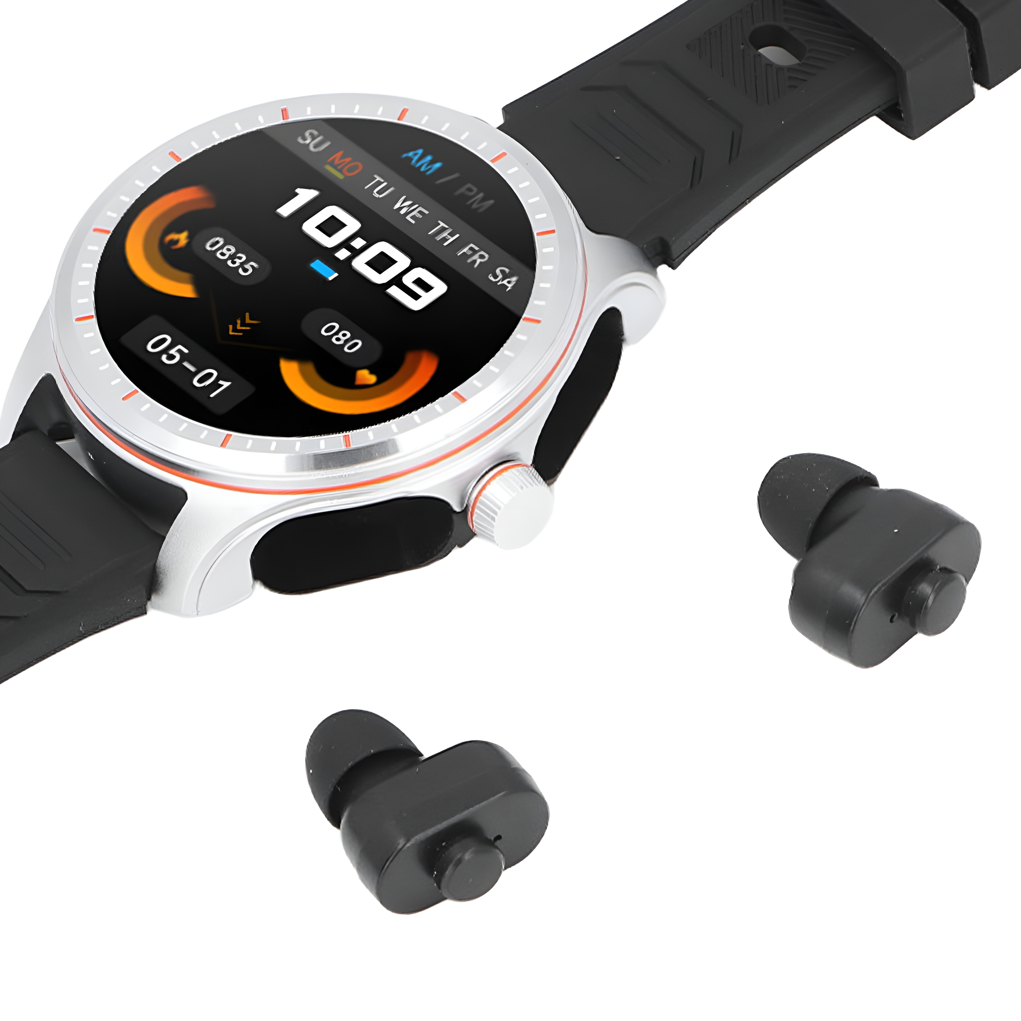 Eine Smartwatch mit schwarzem Armband und Ohrhörern. Der Bildschirm zeigt die Zeit.