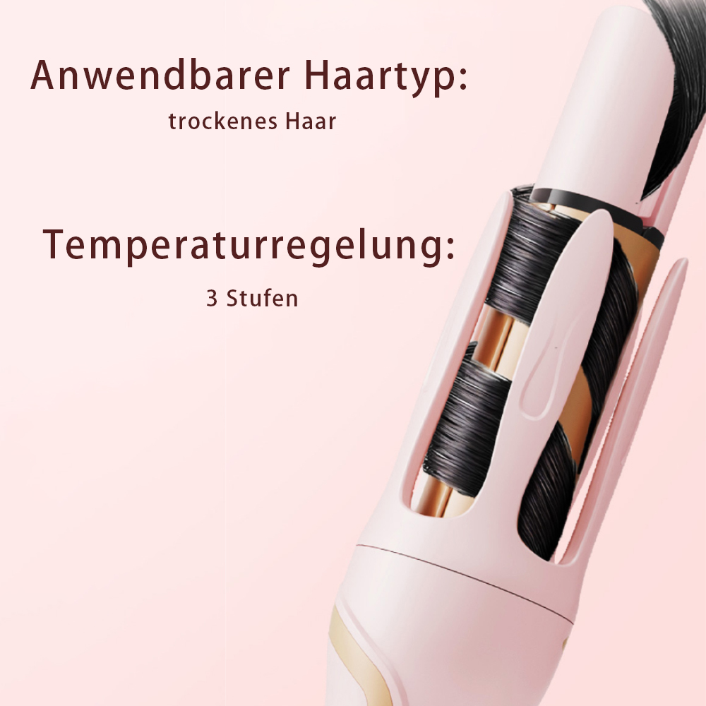 Haar-Lockenstab mit deutschem Text. Zeigt Styling-Tool, mit schwarzem Haar um die Heizelemente gewickelt.