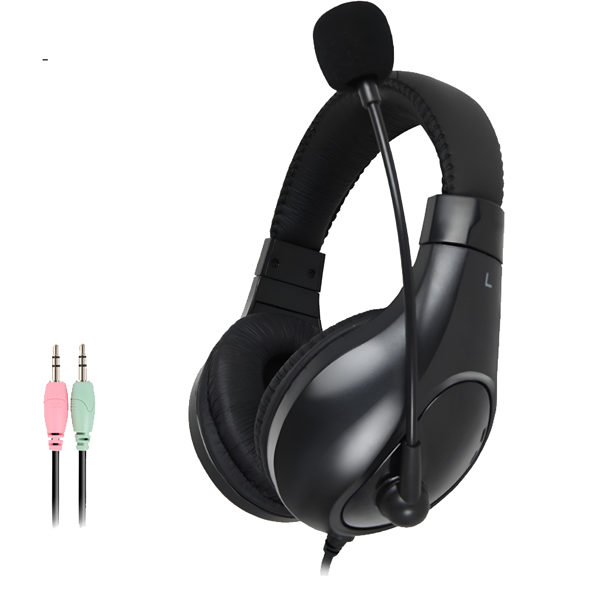 Schwarzes Headset mit Mikrofon und Anschlüssen, rosa und grüne Stecker, weißer Hintergrund.