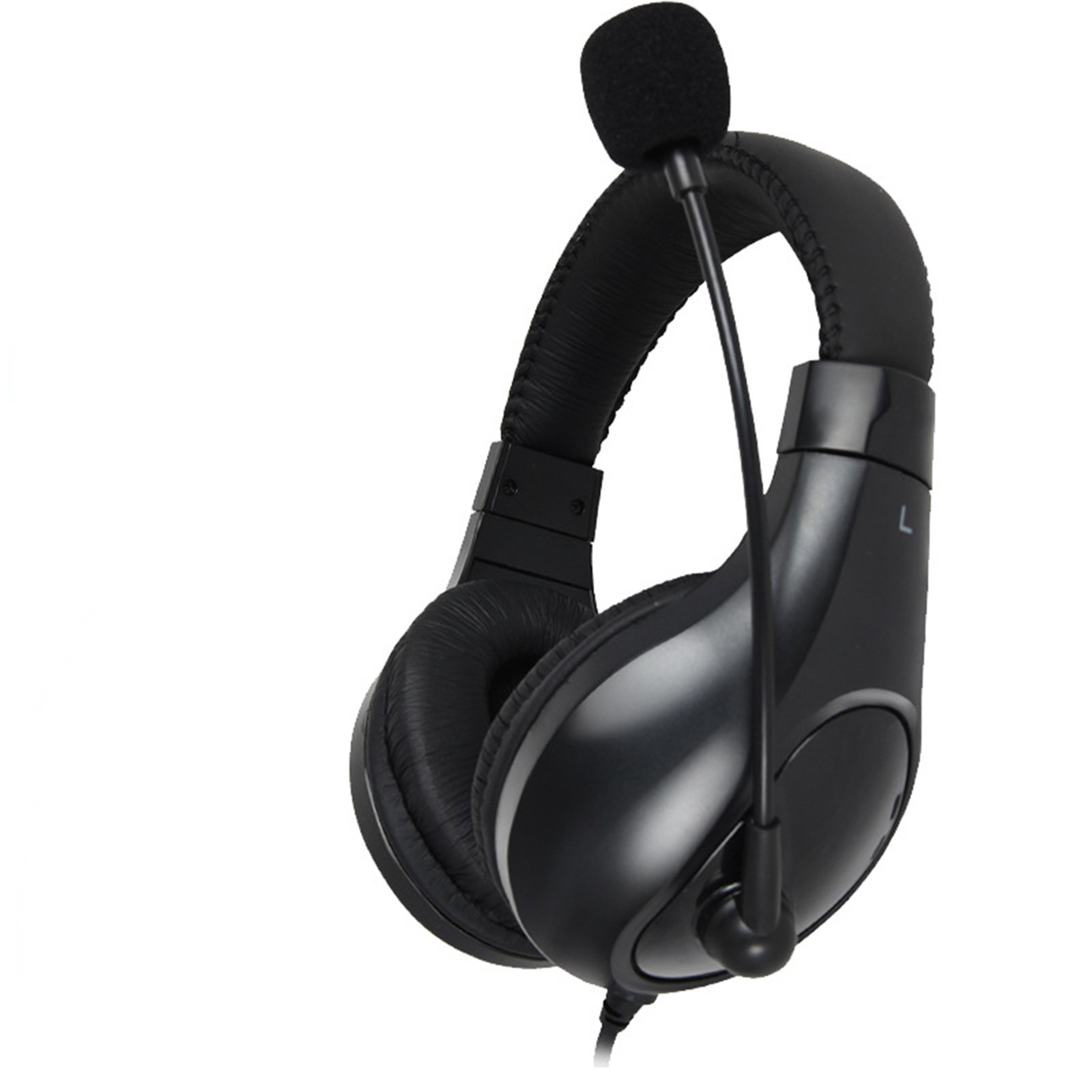 Schwarzes Headset mit Mikrofon. Zeigt Headset und Mikrofon auf weißem Hintergrund.