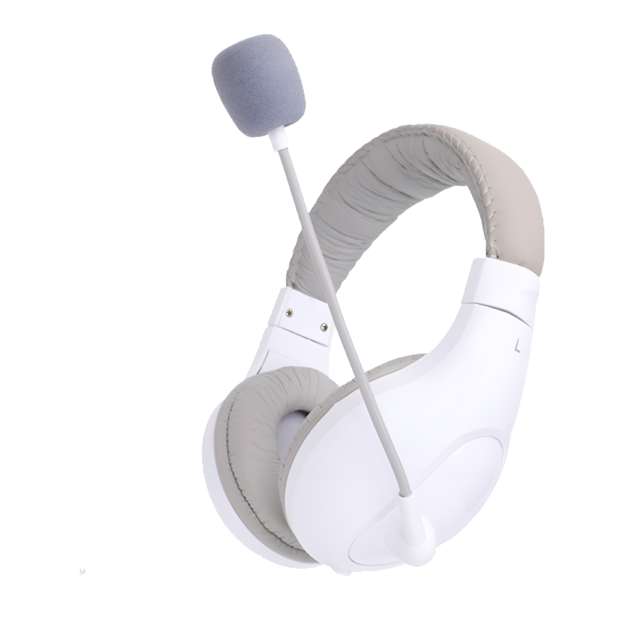 Weißes Headset mit grauem Mikrofon und Ohrpolstern auf weißem Hintergrund.