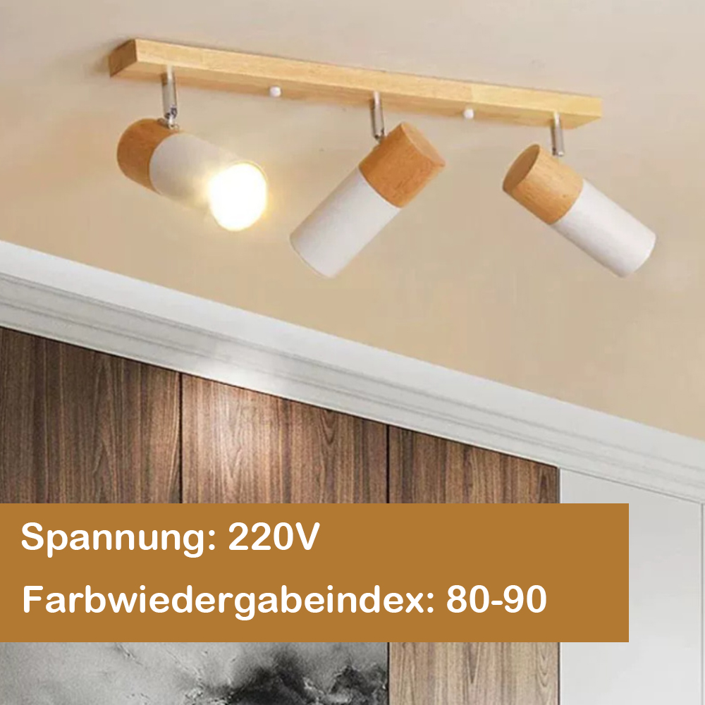Drei Leuchten an einem Holzbalken montiert mit dem Text: Spannung 220V, CRI 80-90.