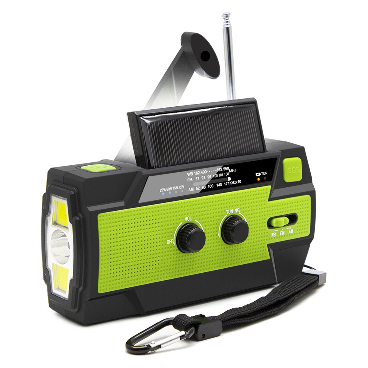 Ein schwarzes und grünes Solarradio mit einer Taschenlampe. Es hat eine Handkurbel und einen Gurt.
