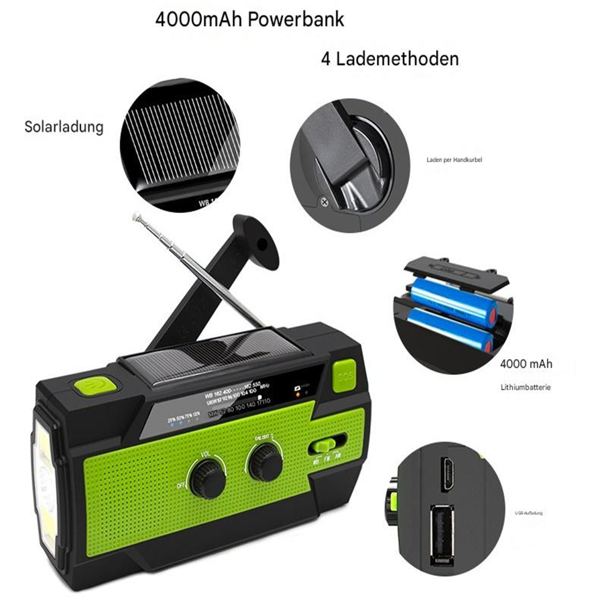 Schwarz-grünes Radio mit Solarpanel, Licht und USB-Aufladung. Es hat Knöpfe und ein Display.