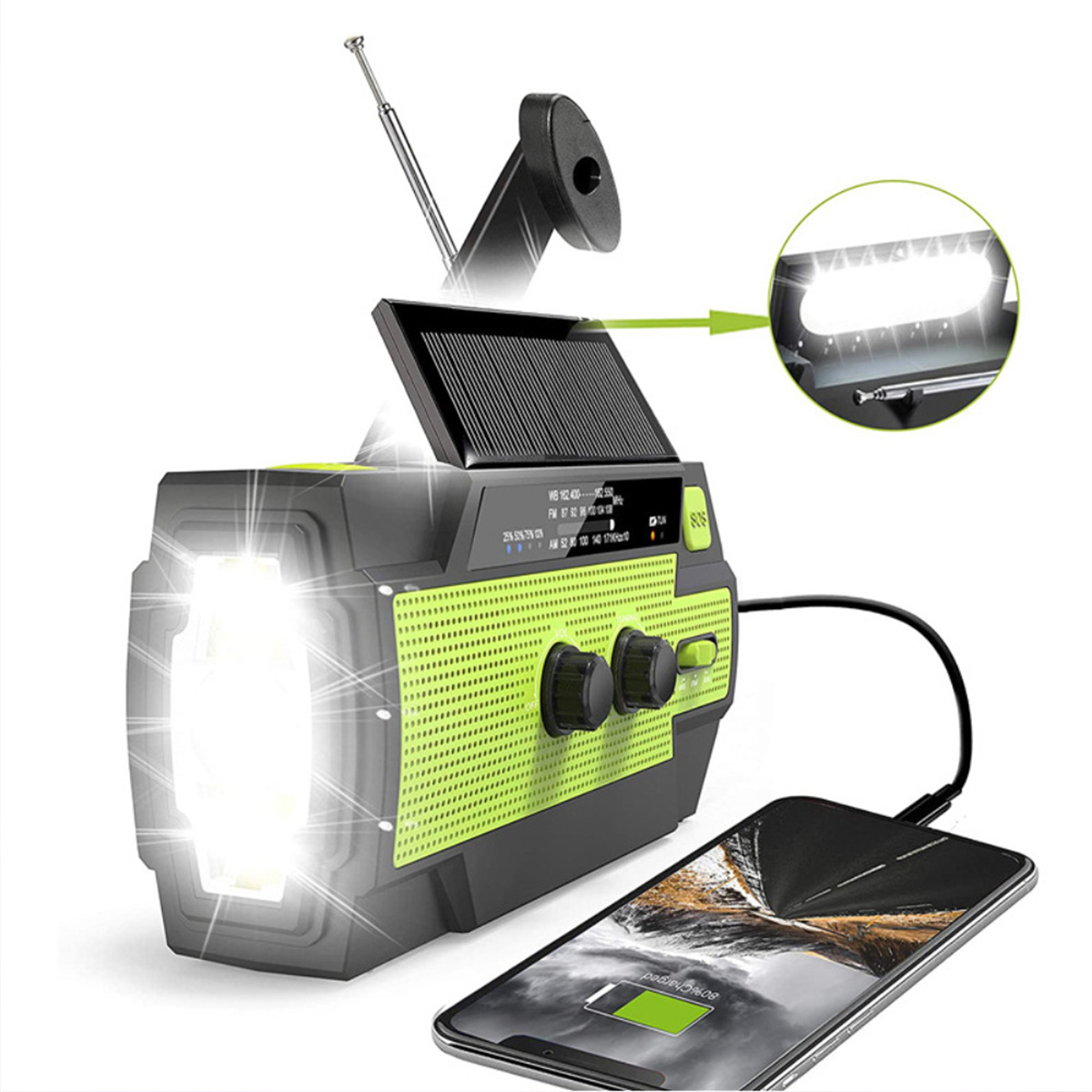 Schwarzes und grünes Notfallradio mit Solarpanel, Taschenlampe und Telefonladung.