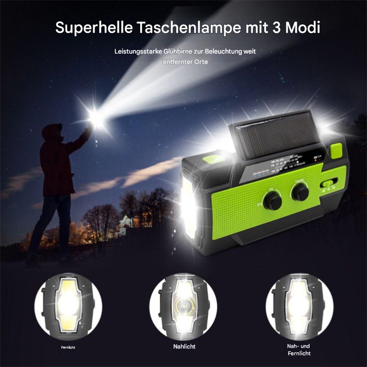 Schwarz-grüne Taschenlampe. Hat Solarpanel und mehrere Lichtmodi. Lichter bei Nacht an.
