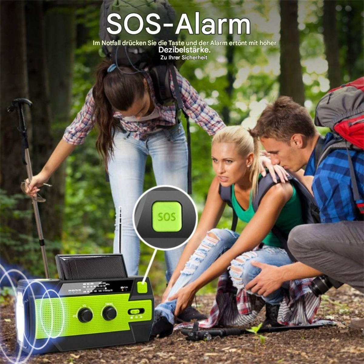 Gruppe von Wanderern im Wald, einer aktiviert ein Notfallgerät mit SOS-Taste.