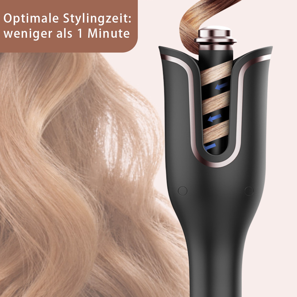Haarstyling-Gerät. Blondes Haar wird gestylt. Text: Optimale Stylingzeit: weniger als 1 Minute.