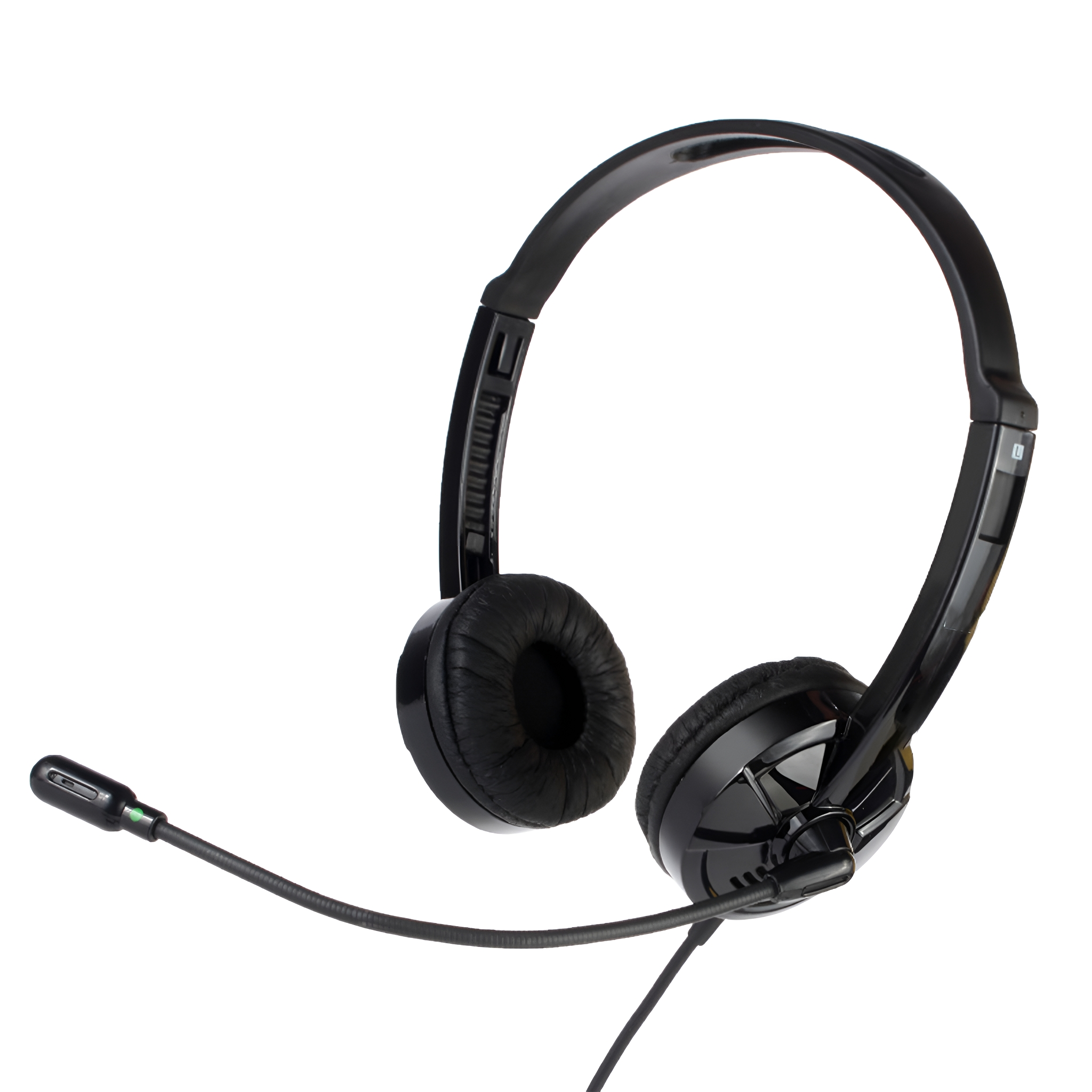 Schwarzes Headset mit Mikrofon. Das Headset hat zwei Ohrmuscheln und einen flexiblen Mikrofonarm.