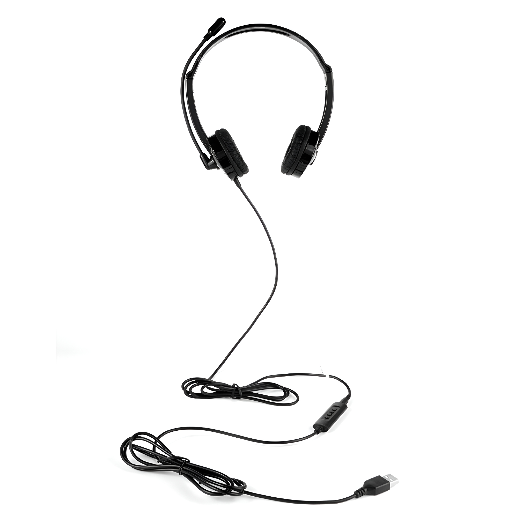 Schwarzes Headset mit Mikrofon. Es hat Ohrmuscheln, ein Kopfband, ein Mikrofon und ein USB-Kabel.