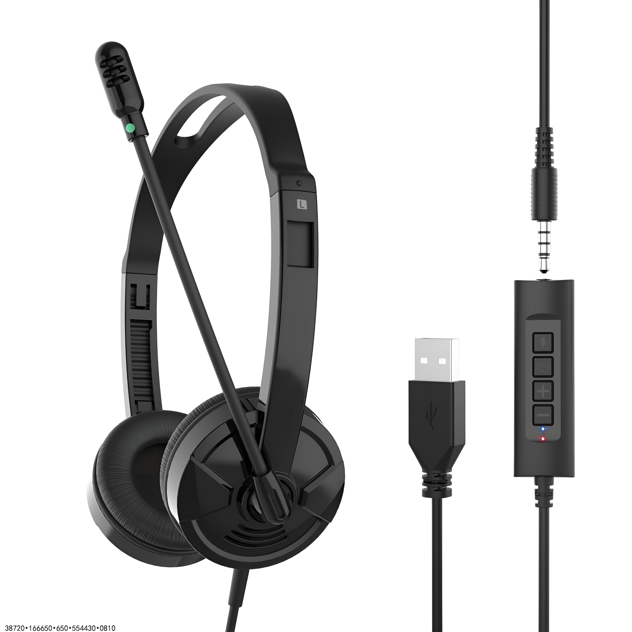 Ein schwarzes Headset mit Mikrofon und USB-Anschluss. Es hat eine Lautstärkeregelung und eine Stummschalttaste.