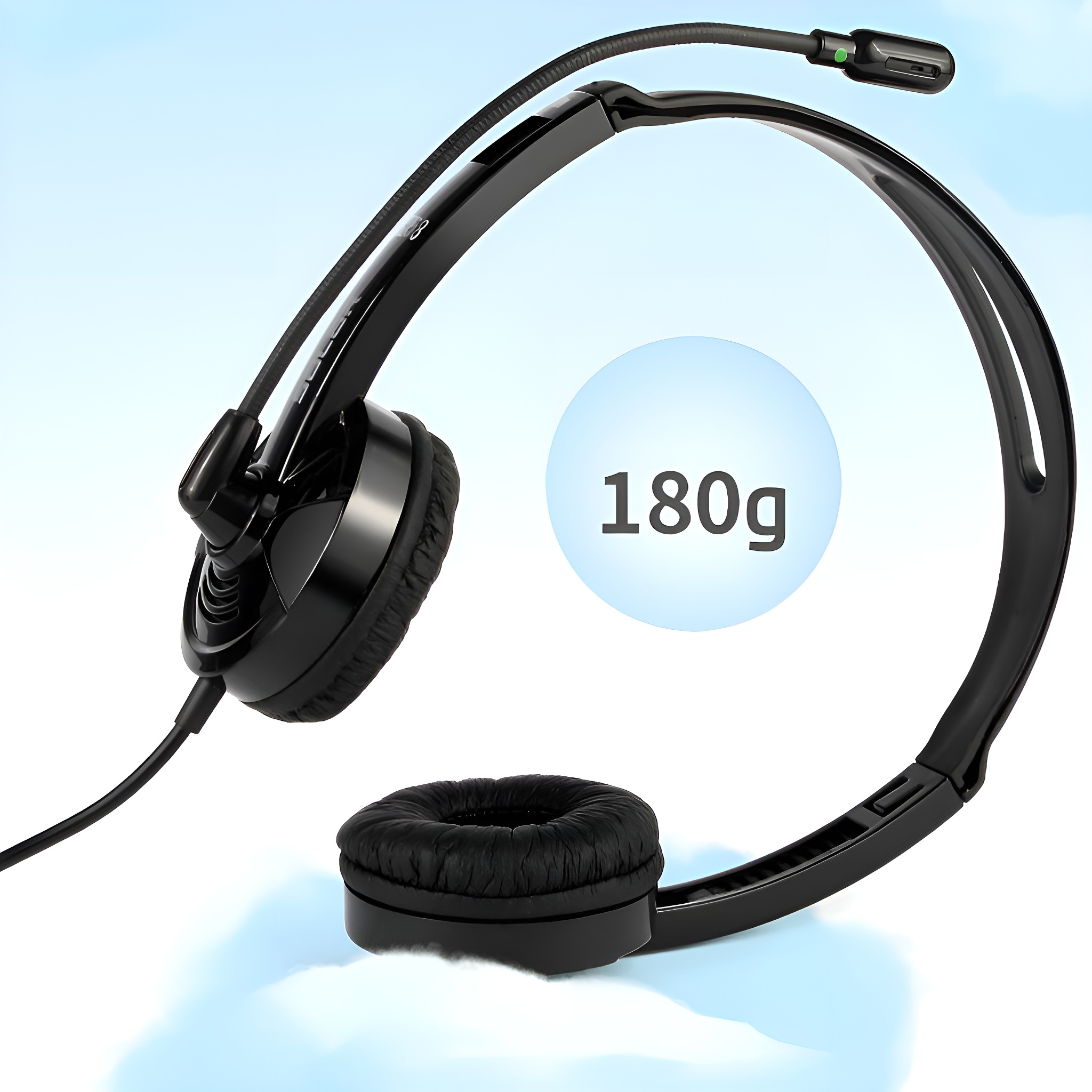 Schwarzes Headset mit Mikrofon. Ein blauer Kreis mit 180g befindet sich im Bild.