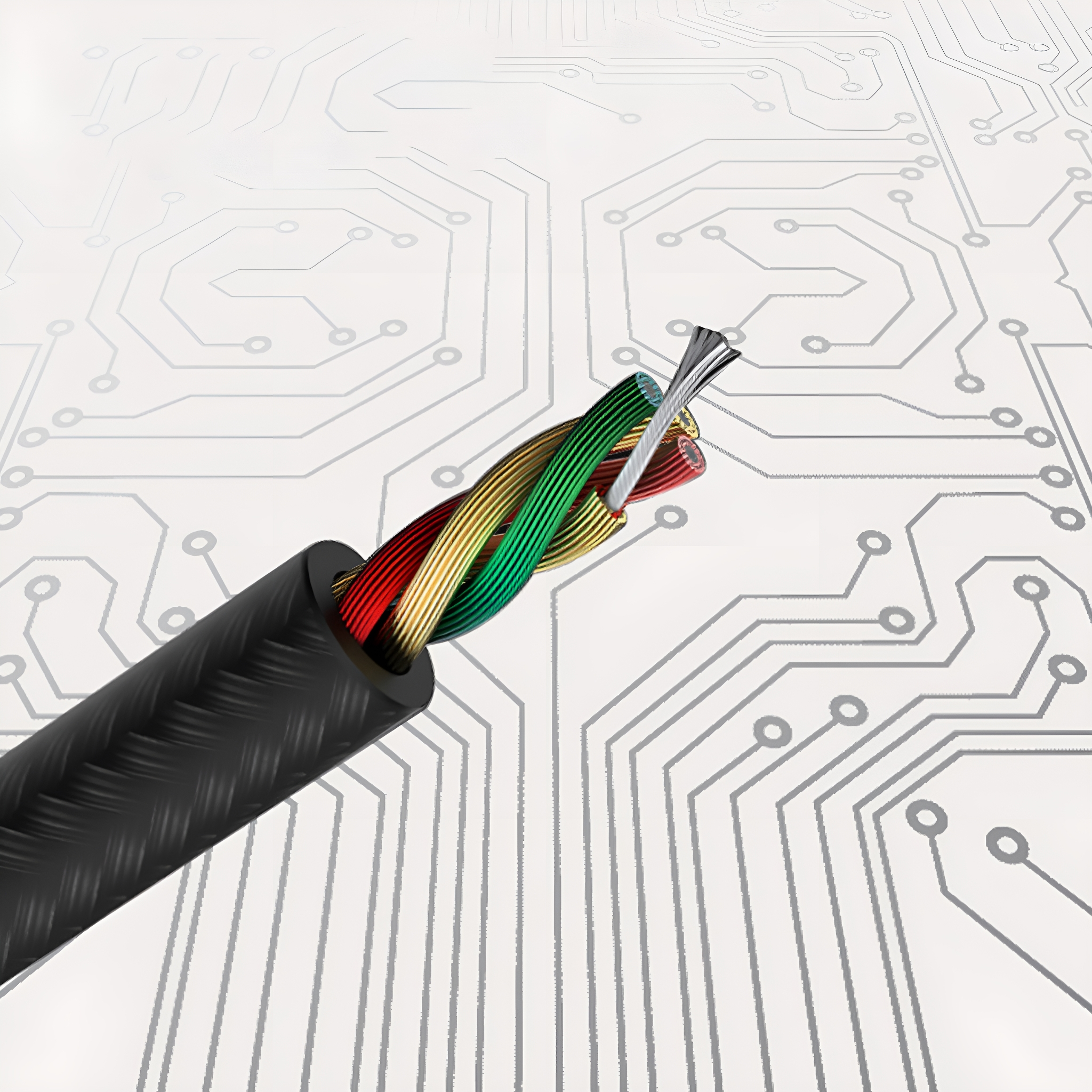 Durchgeschnittenes Kabel mit farbigen Drähten im Inneren, vor einem Hintergrund mit Leiterplatte, das die Innenstruktur veranschaulicht.
