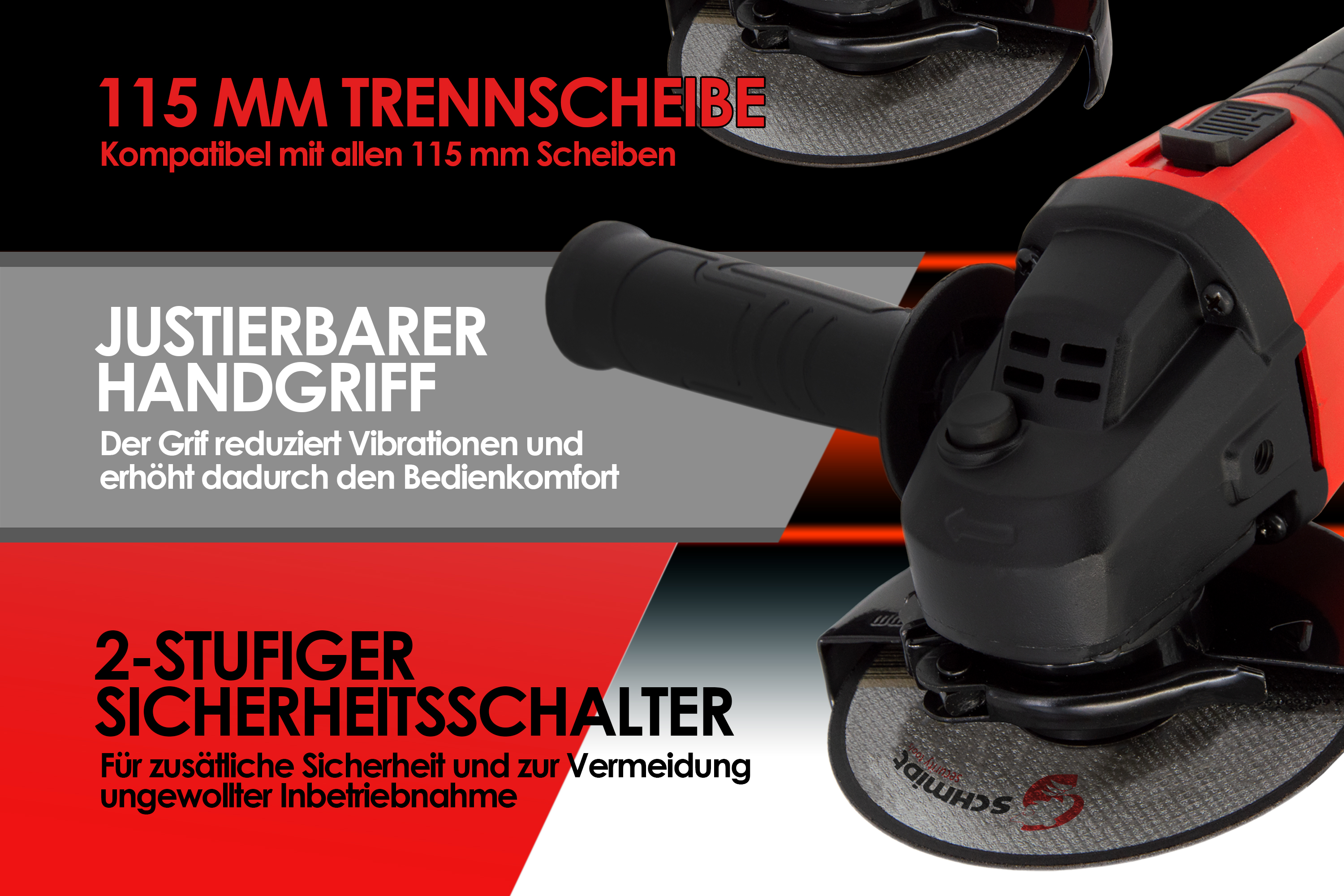 Roter und schwarzer Winkelschleifer mit Sicherheitsmerkmalen. Textbeschriftungen auf Deutsch.