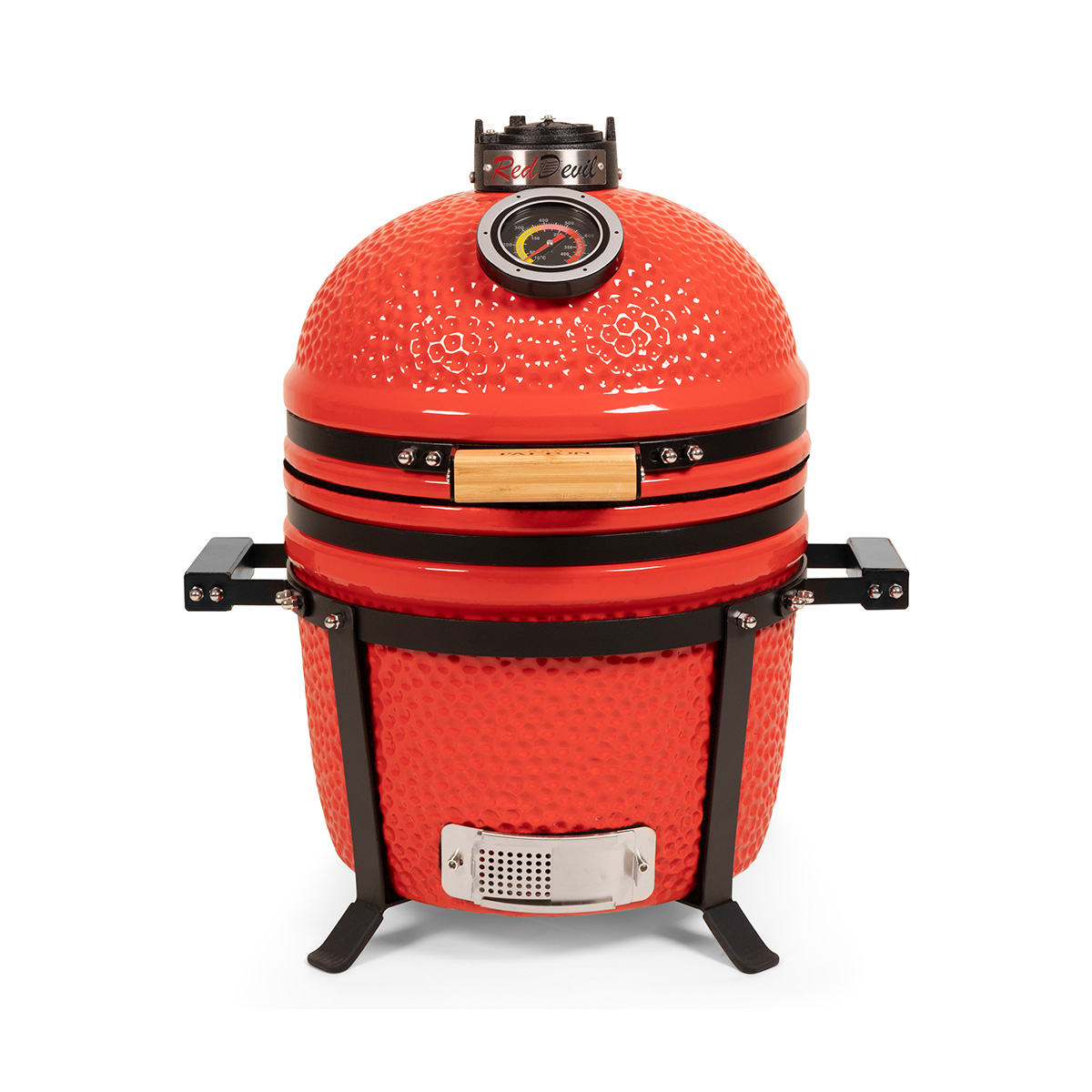 Rode Kamado Joe grill. Het heeft een koepel, zwarte banden, handgrepen en een temperatuurmeter.