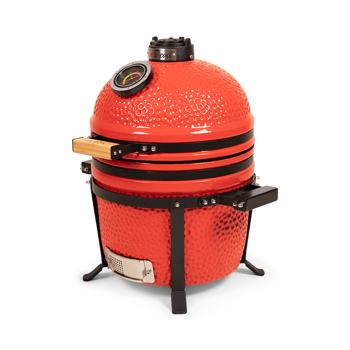 Rode keramische Kamado grill met een thermometer, een bamboe handvat en zwarte accenten.