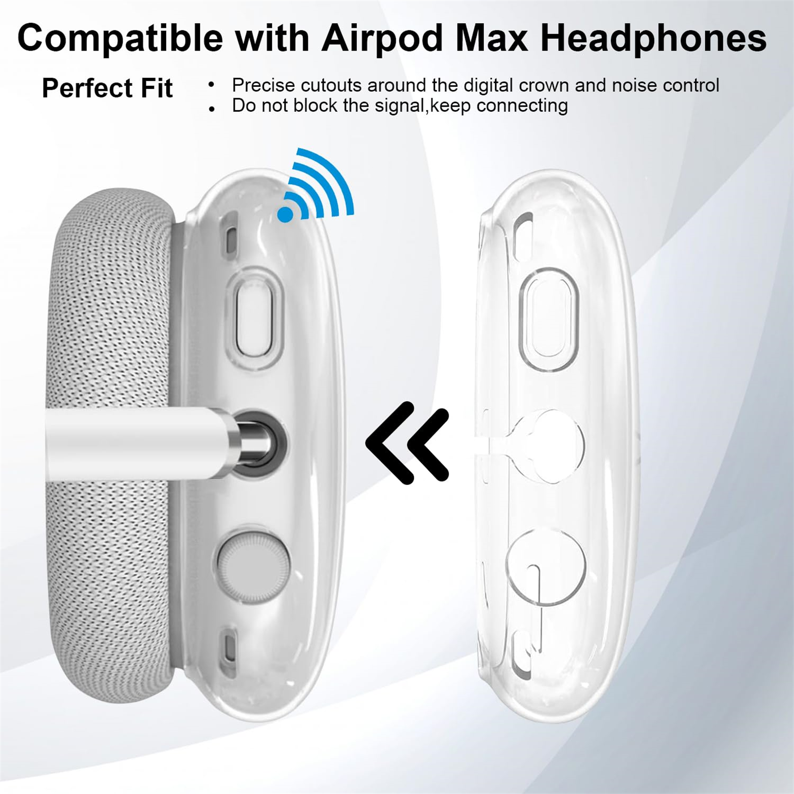Transparente Schutzhülle für AirPods Max, mit einem AirPods Max links und der Hülle rechts.