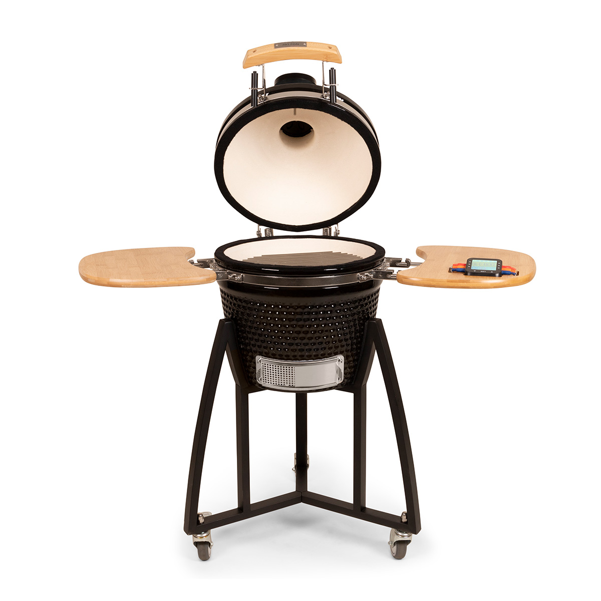 Black grill with wooden side tables, open lid, and digital thermometer.