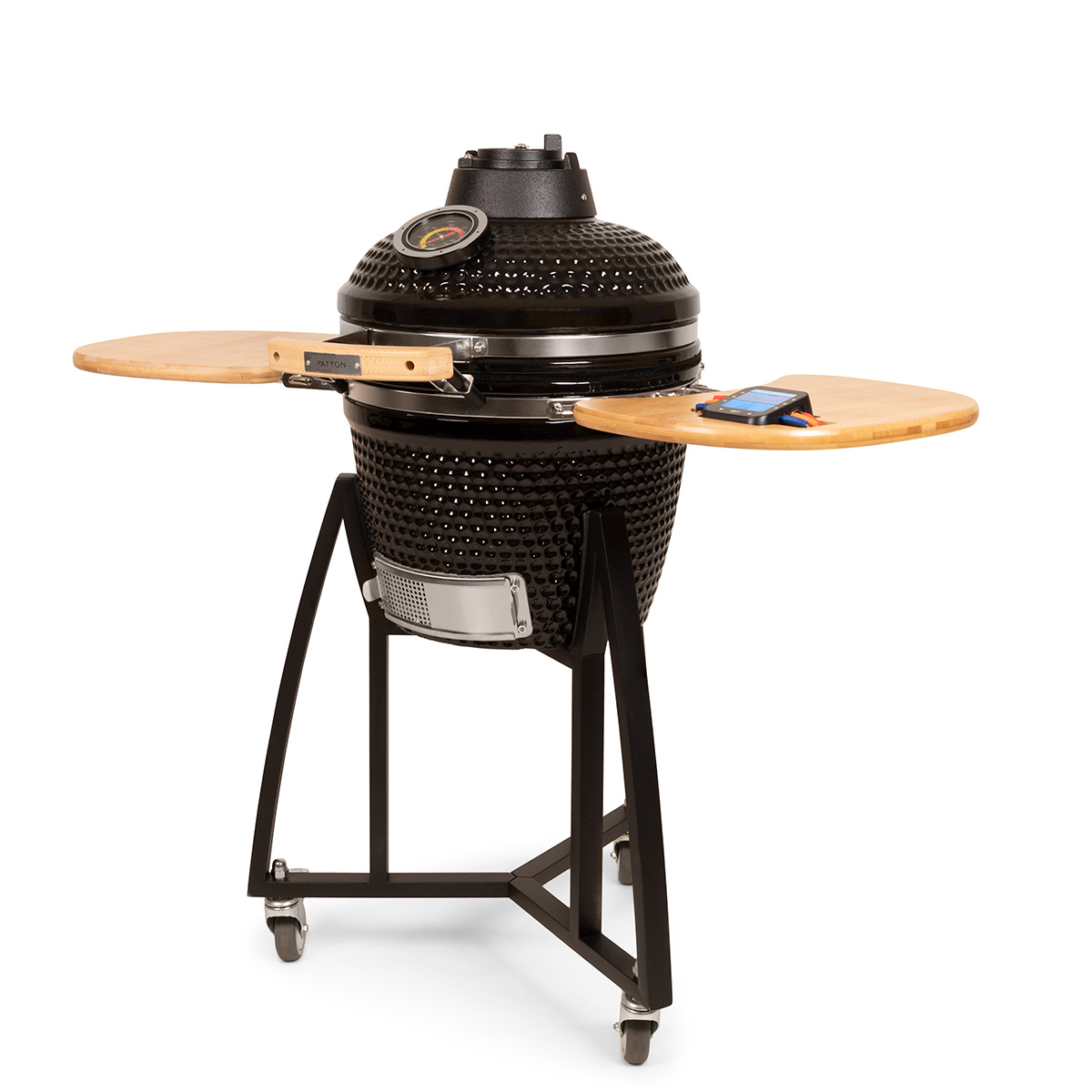 Black grill with wooden side shelves, on a black stand with wheels. A phone sits on one shelf.