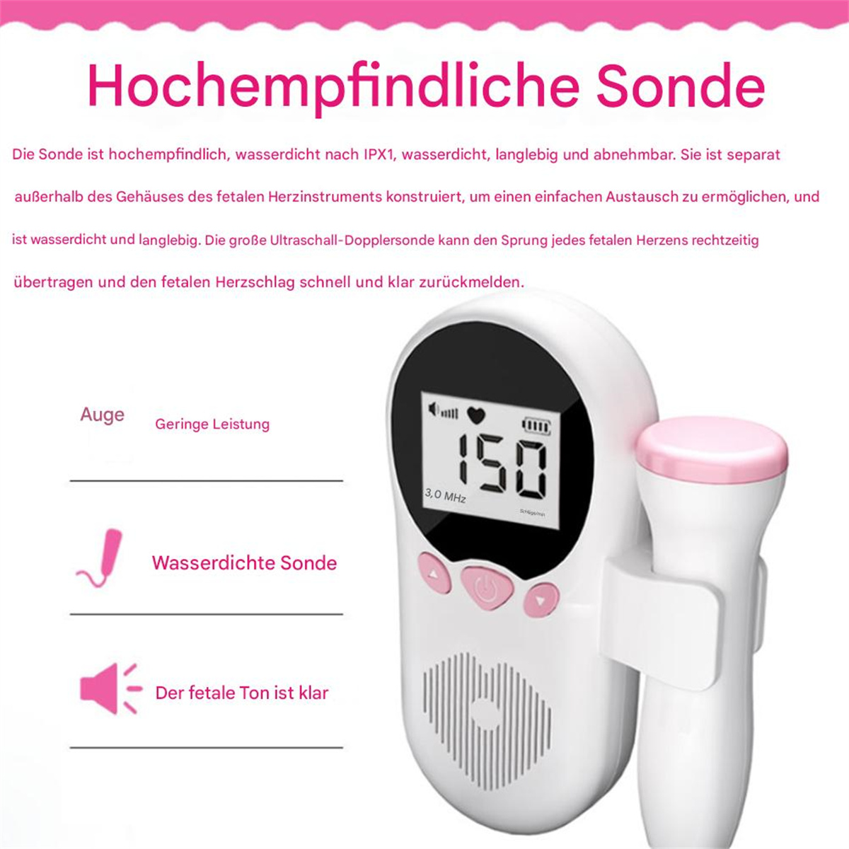 Weißes Ultraschallgerät mit Bildschirm und rosa Knöpfen. Text auf Deutsch. Weißer Hintergrund.