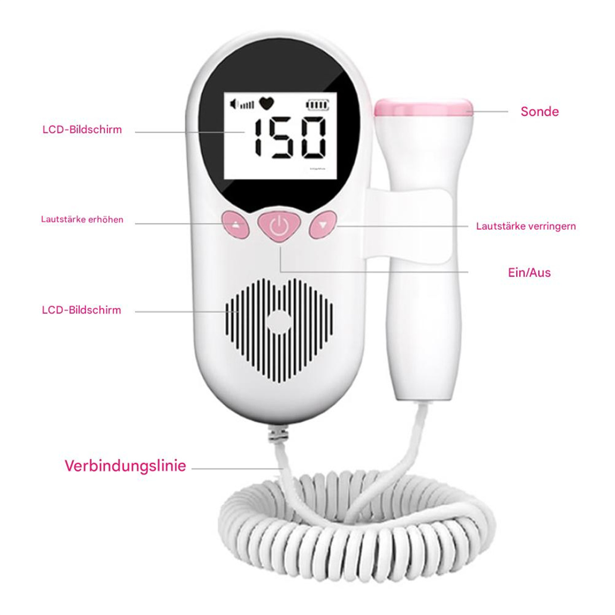 Weißes Fetaldoppler mit rosa Sonde. Das Display zeigt die fetale Herzfrequenz. Knöpfe sind vorne.
