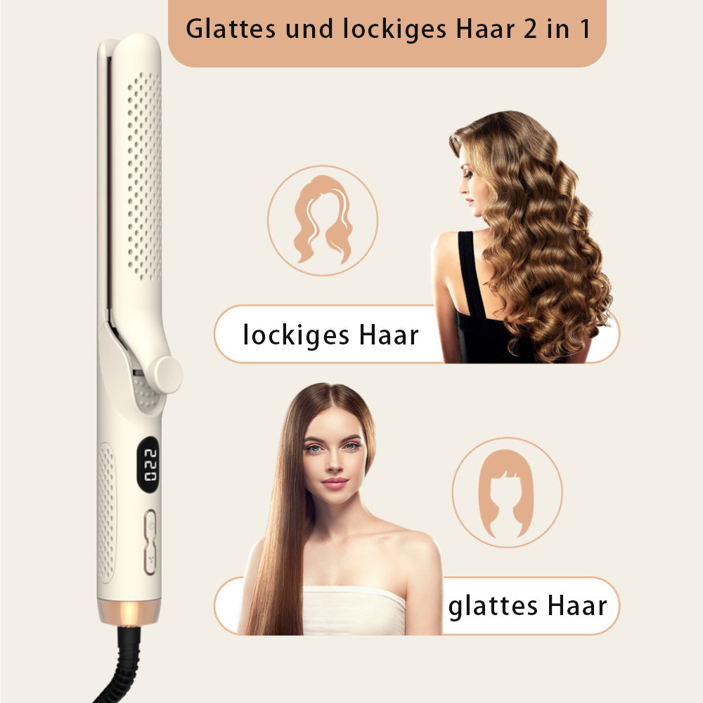 Haarglätter, der glatte und lockige Haarstile zeigt.