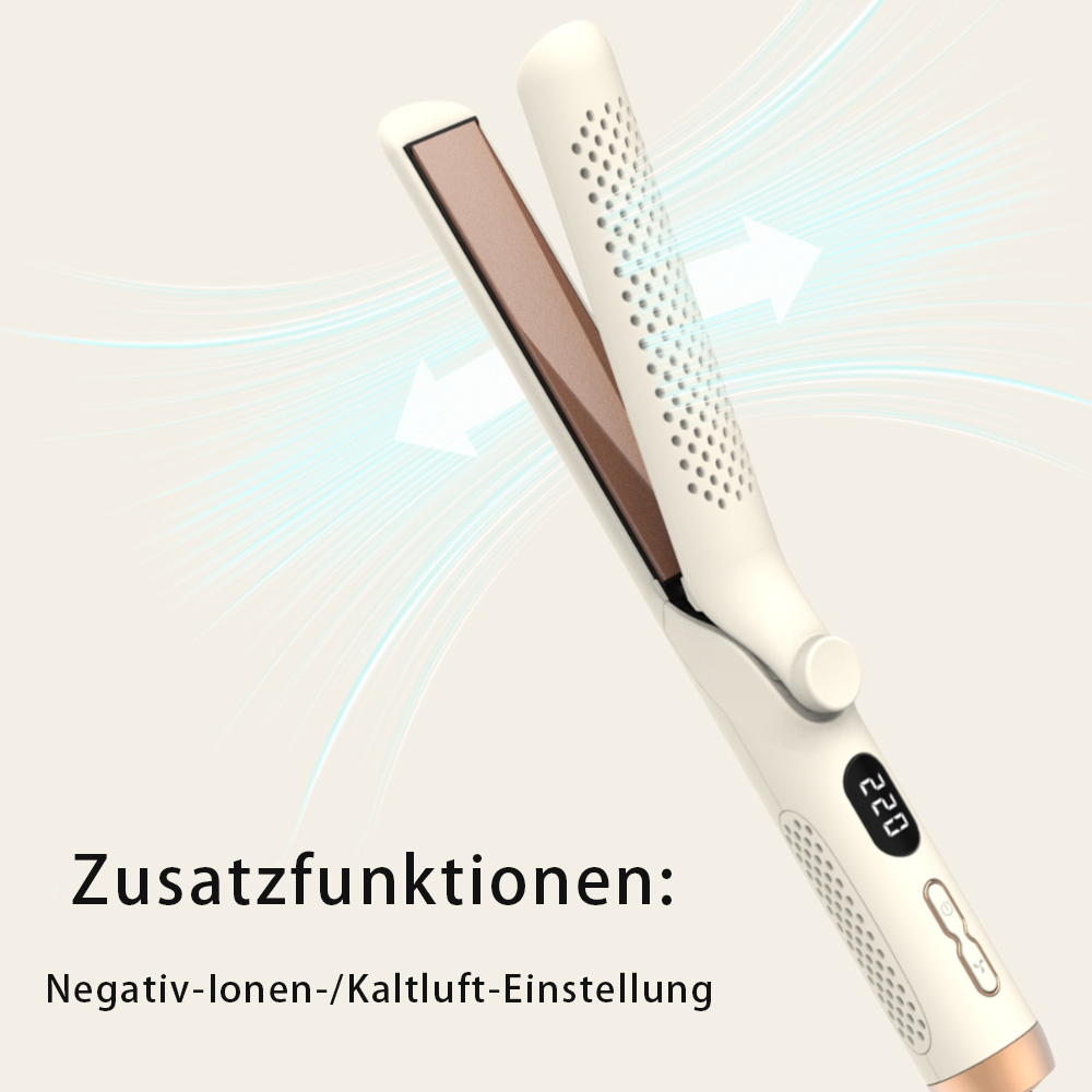 Haarglätter mit weißem Gehäuse, braunen Platten und Temperaturanzeige.