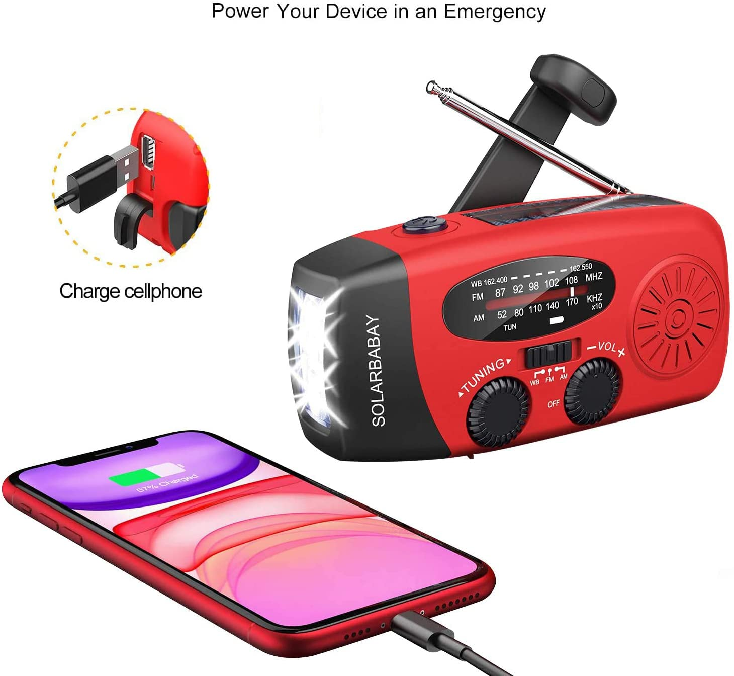Rotes Notfallradio mit ladendem Telefon. Das Radio hat ein Licht und einen Ladeanschluss.