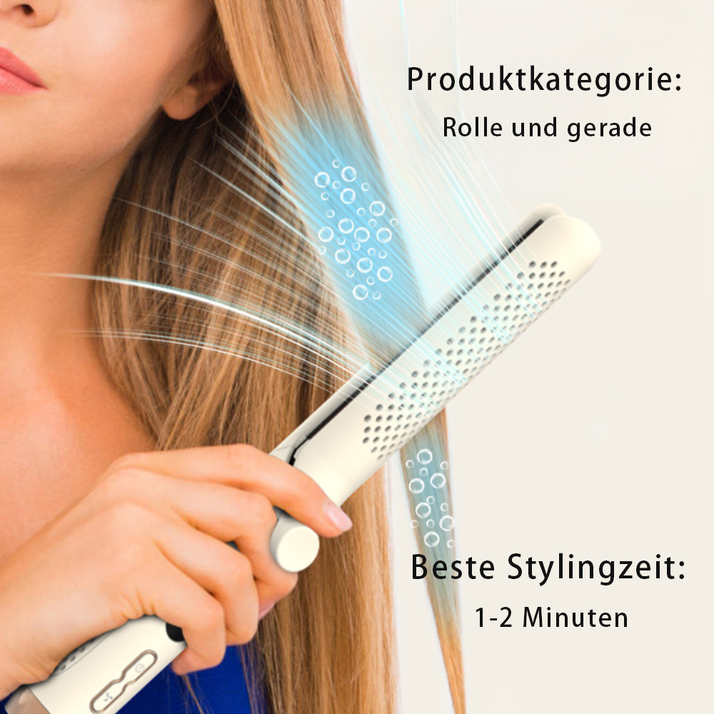 Frau stylt Haare mit weißem Glätteisen. Text: Stylingzeit 1-2 Minuten. Produktkategorie: locken und glätten.