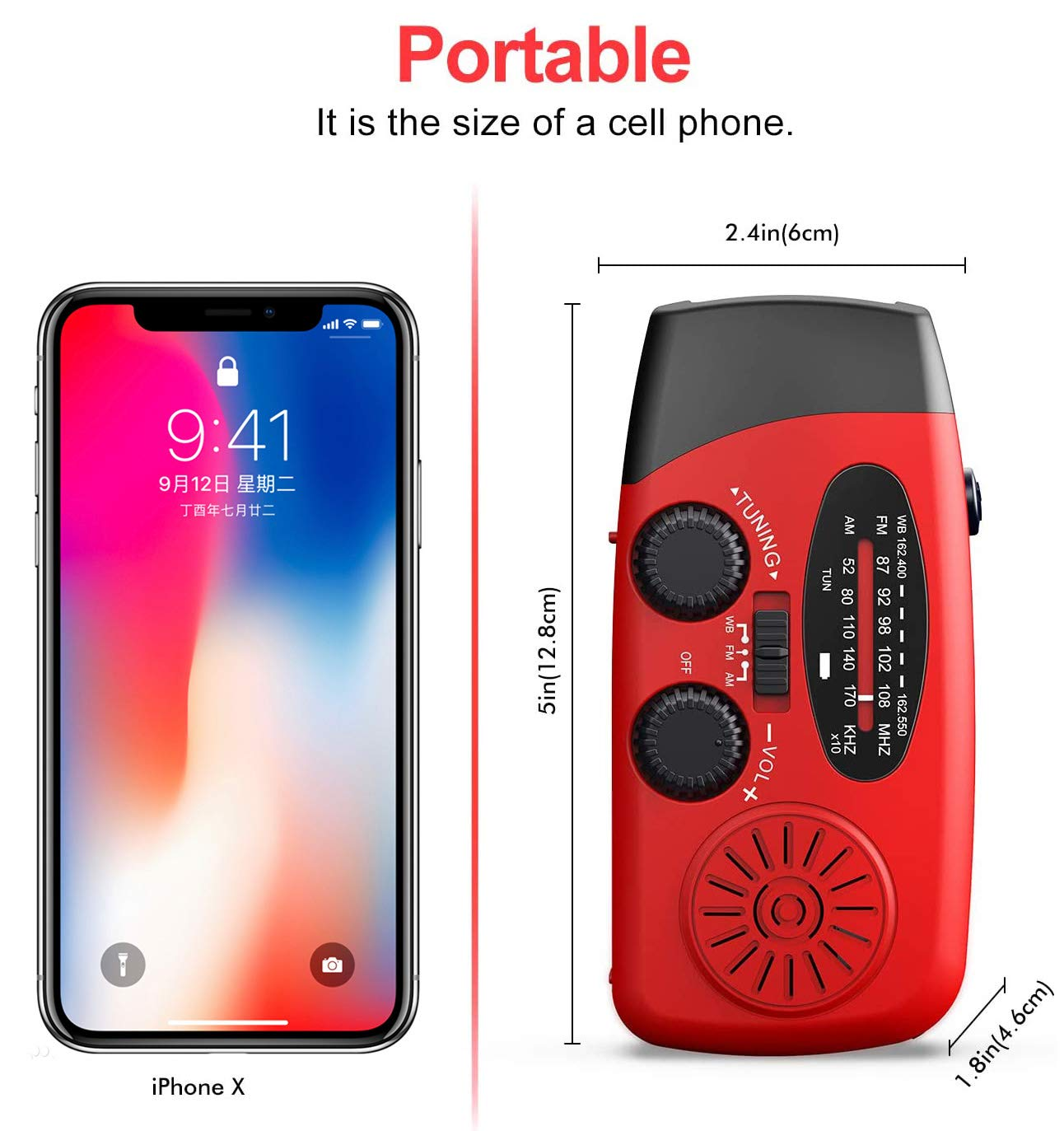 Ein rotes Radio neben einem iPhone X. Das Radio ist rot und hat ein Zifferblatt. Text: Tragbar, Größe eines Handys.