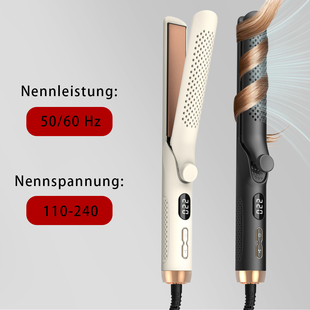 Ein Glätteisen und ein Lockenstab mit Text, der Leistungs- und Spannungsdetails anzeigt.