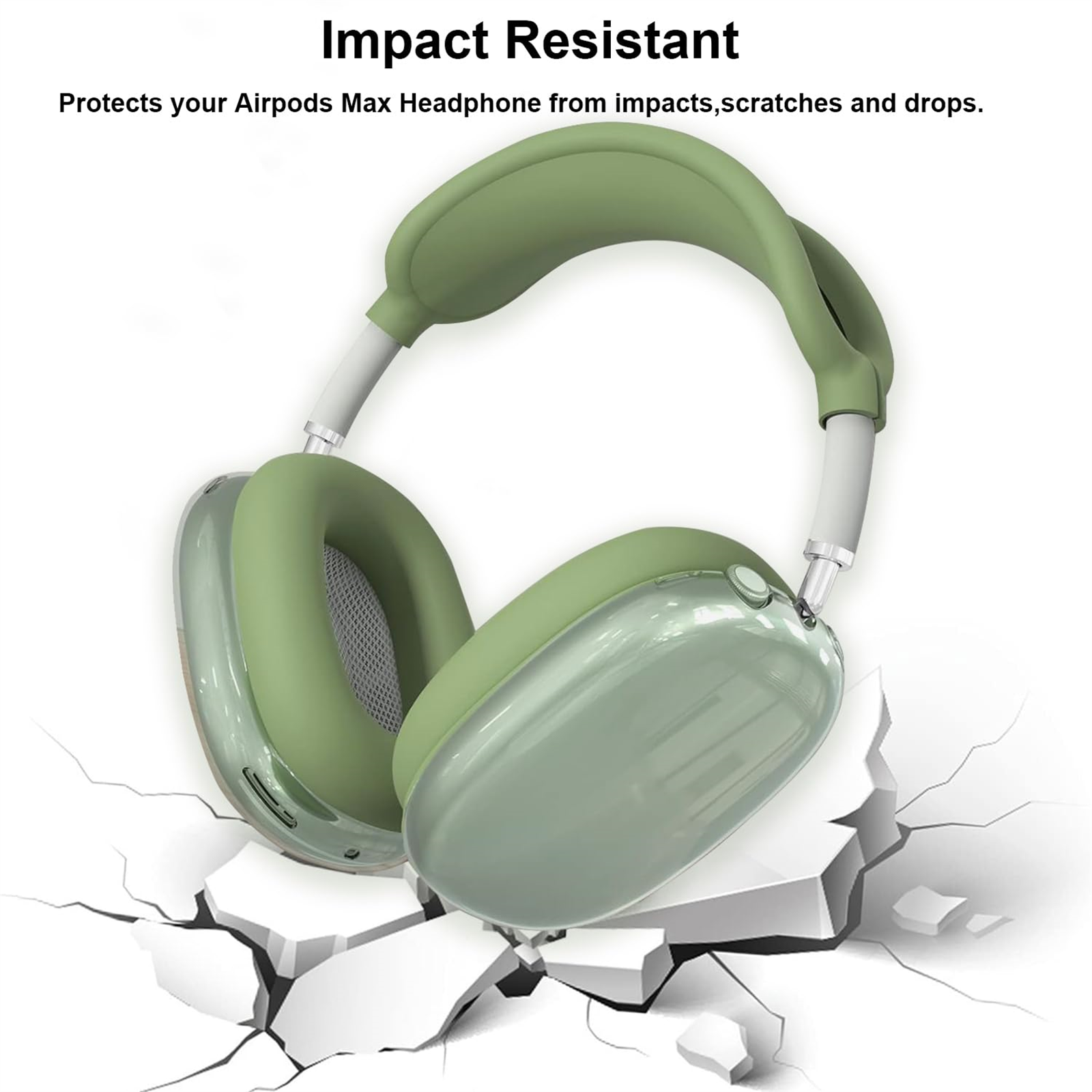 Grüne AirPods Max Kopfhörer auf weißer Oberfläche mit zerbrochenen Fliesen, was Stoßfestigkeit suggeriert.