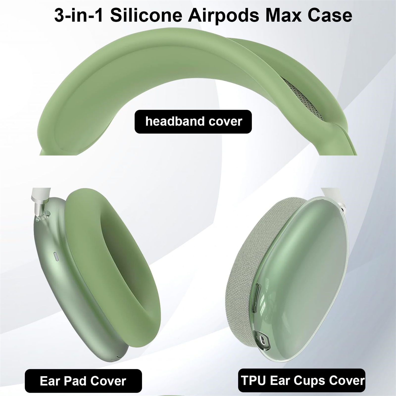 Grüne AirPods Max-Hülle Teile: Kopfbandabdeckung, Ohrpolsterabdeckung und TPU-Ohrmuschelabdeckung.
