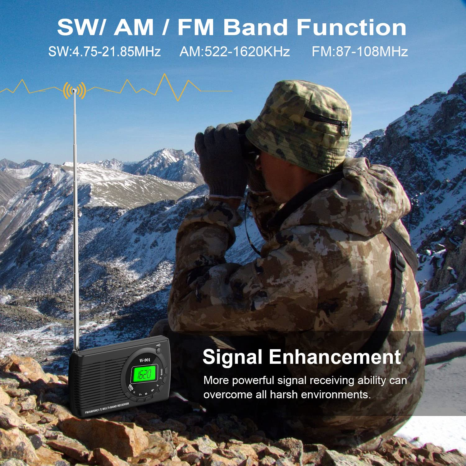 Ein schwarzes Radio mit Antenne und eine Person in Tarnkleidung, die im Hintergrund durch ein Fernglas schaut.