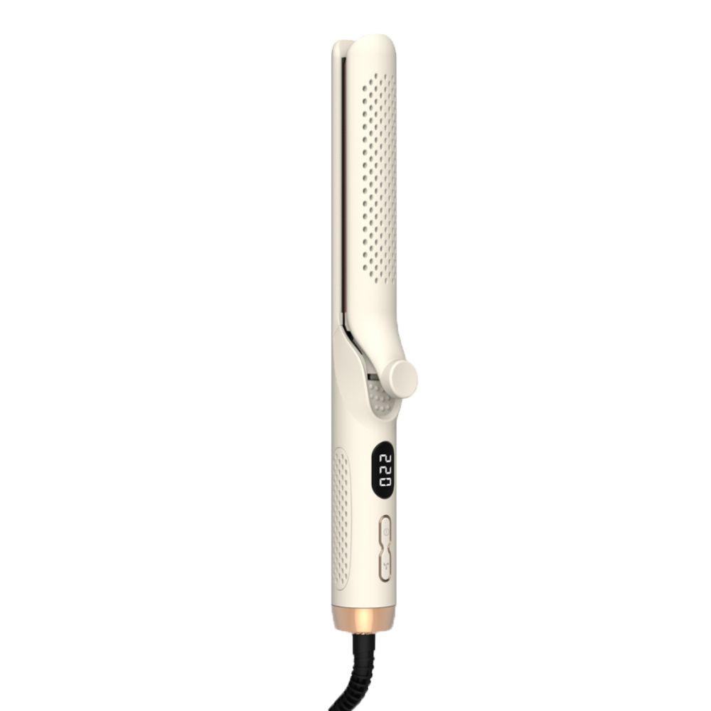 Elfenbein Haarglätter mit Digitalanzeige 220, schwarzes Kabel. Weißer Hintergrund.