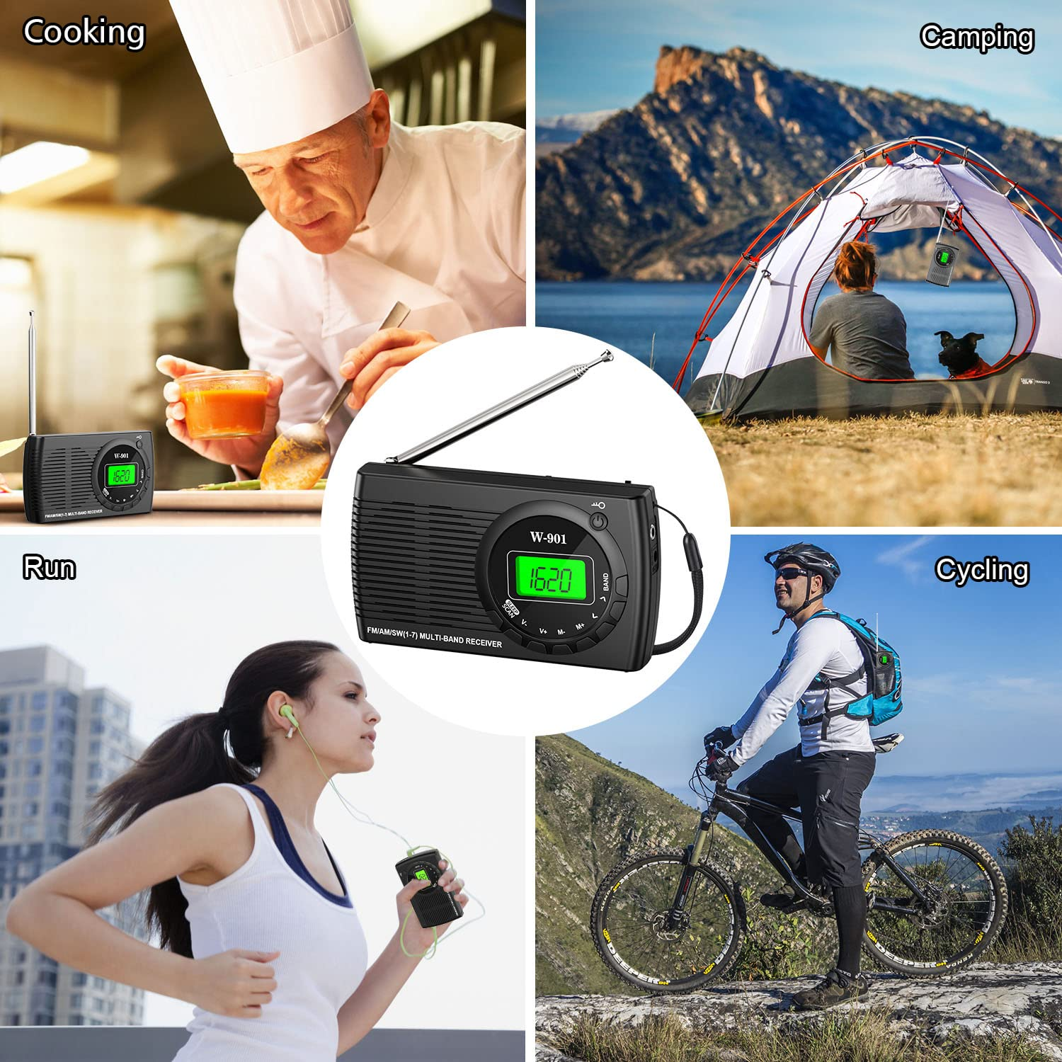 Radio, Kochen, Laufen, Camping und Radfahren. Radio zeigt 1620.