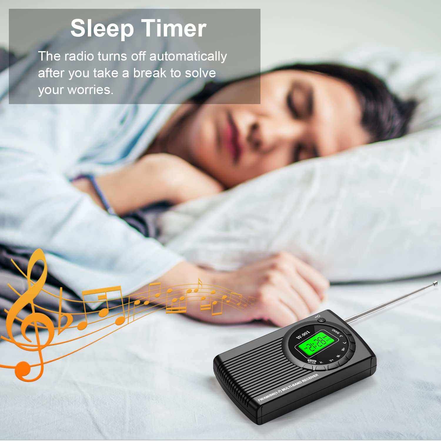 Eine Person im Bett mit einem Radio. Das Radio zeigt einen Bildschirm und hat eine Antenne. Es gibt eine Musiknote.