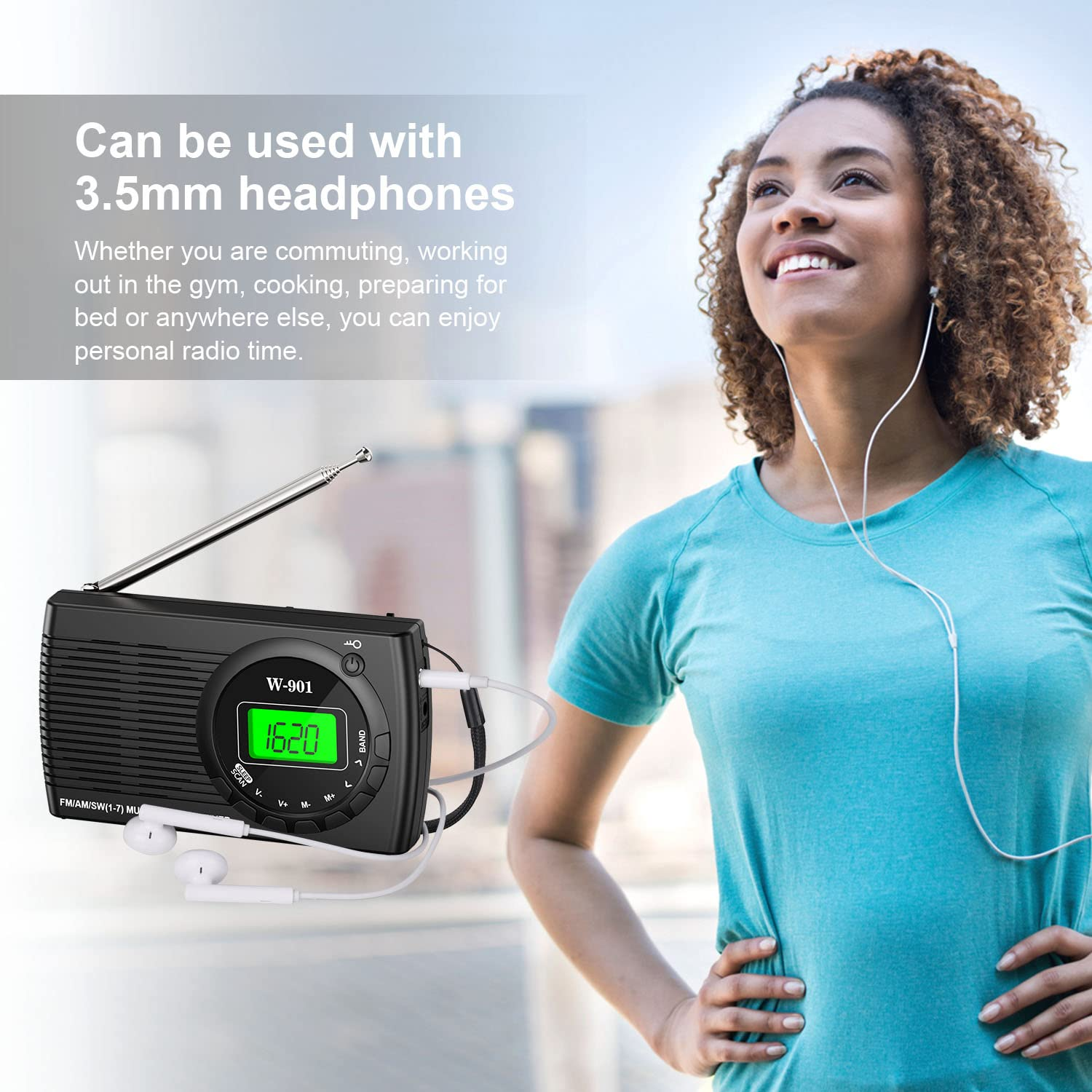 Schwarzes Radio mit einer Frau, die Kopfhörer trägt. Das Radio hat ein digitales Display.