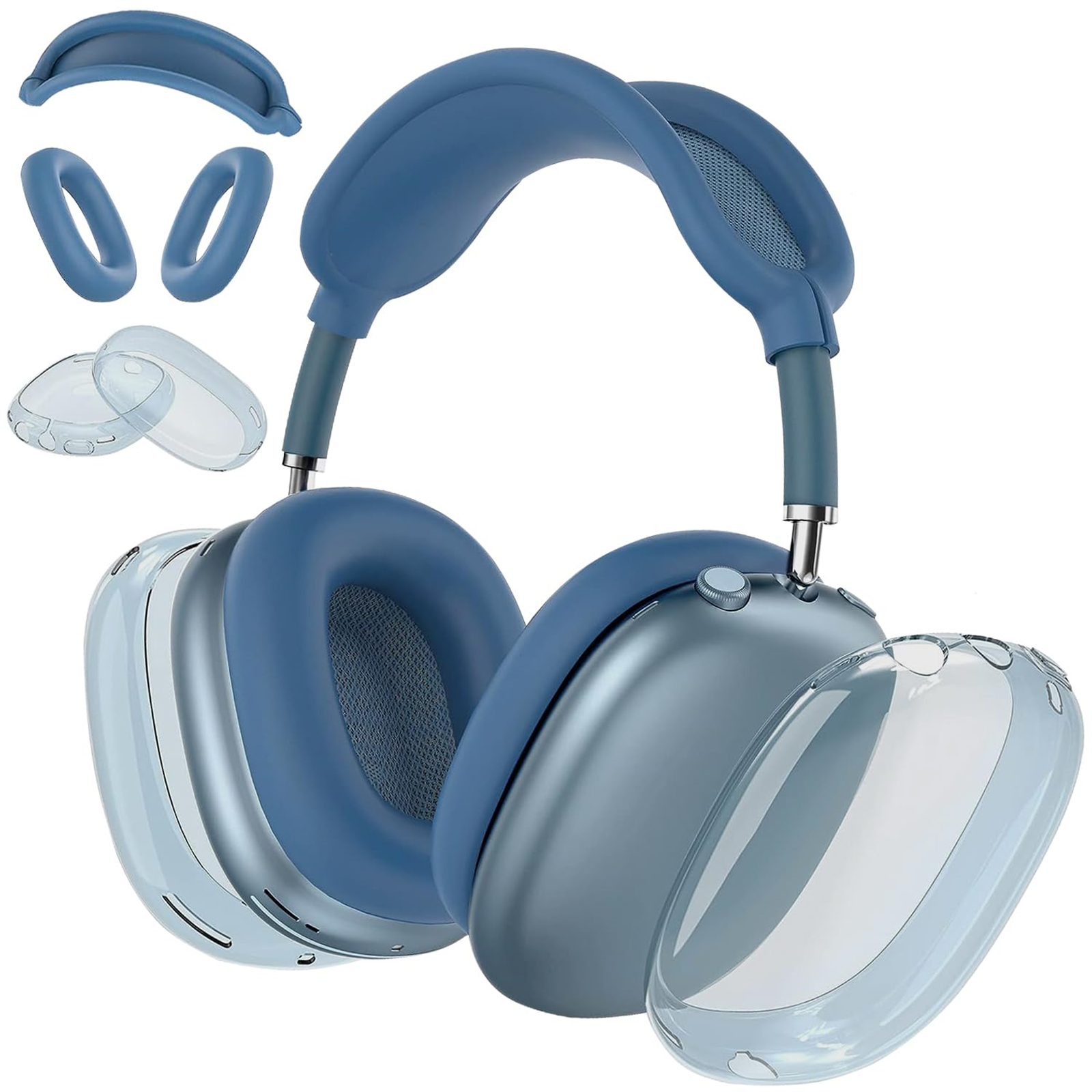 Blaue Kopfhörer mit Ohrmuscheln und Ohrstöpseln. Weißer Hintergrund. Inklusive Hülle.