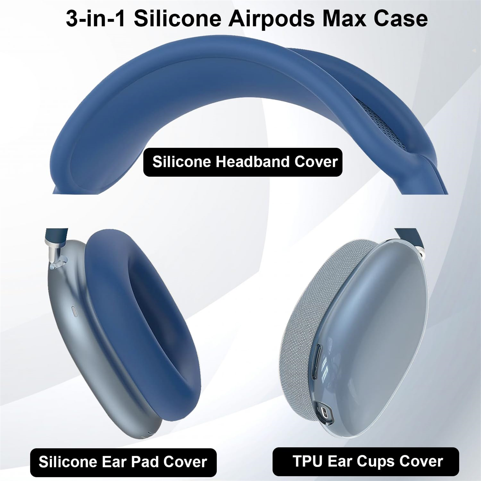 Silikon-AirPods Max-Hülle: blaue Stirnbandabdeckung, blaue Ohrpolsterabdeckung und graue TPU-Ohrmuschelhülle.
