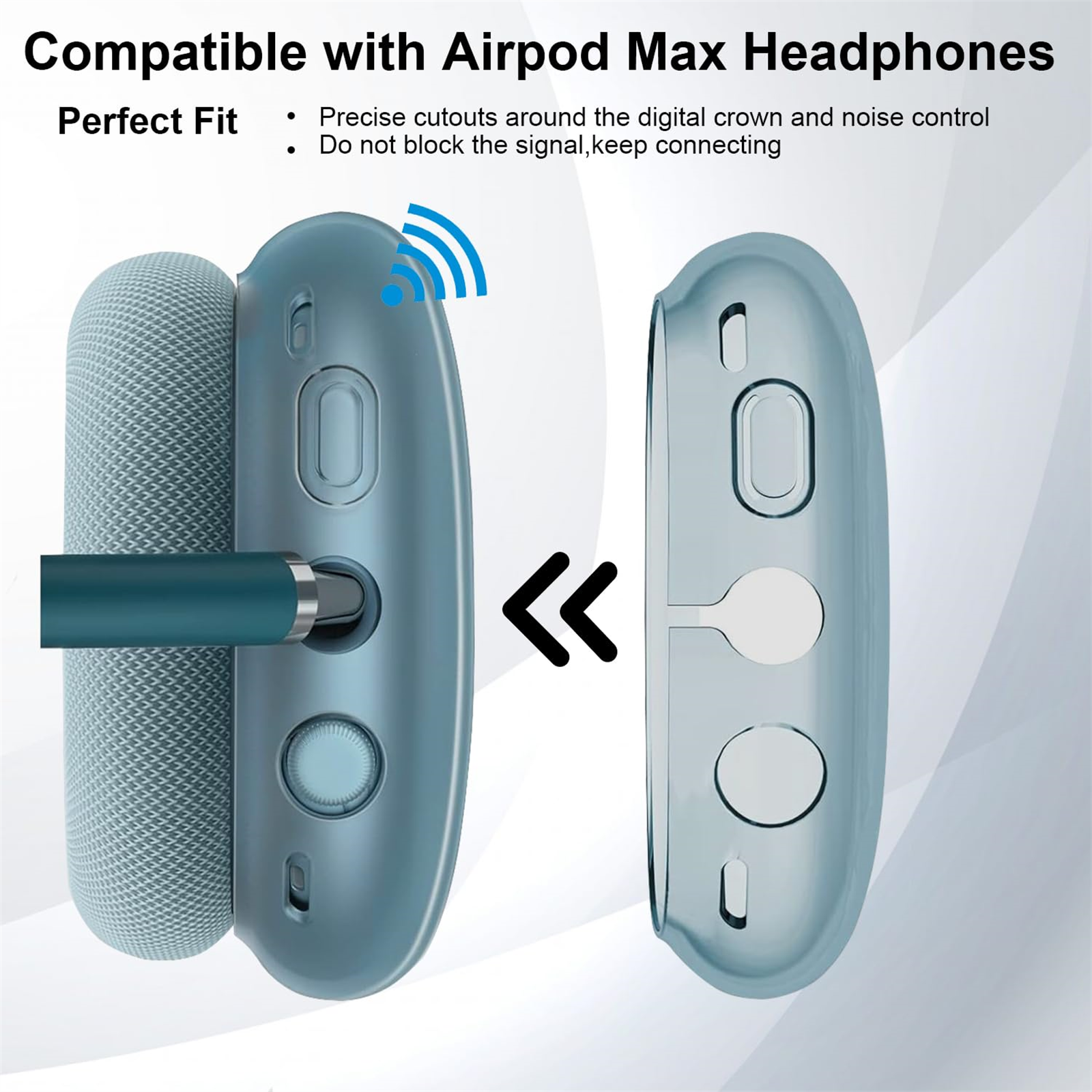 Airpod Max Kopfhörer mit Hülle und dem WLAN-Symbol der Hülle.
