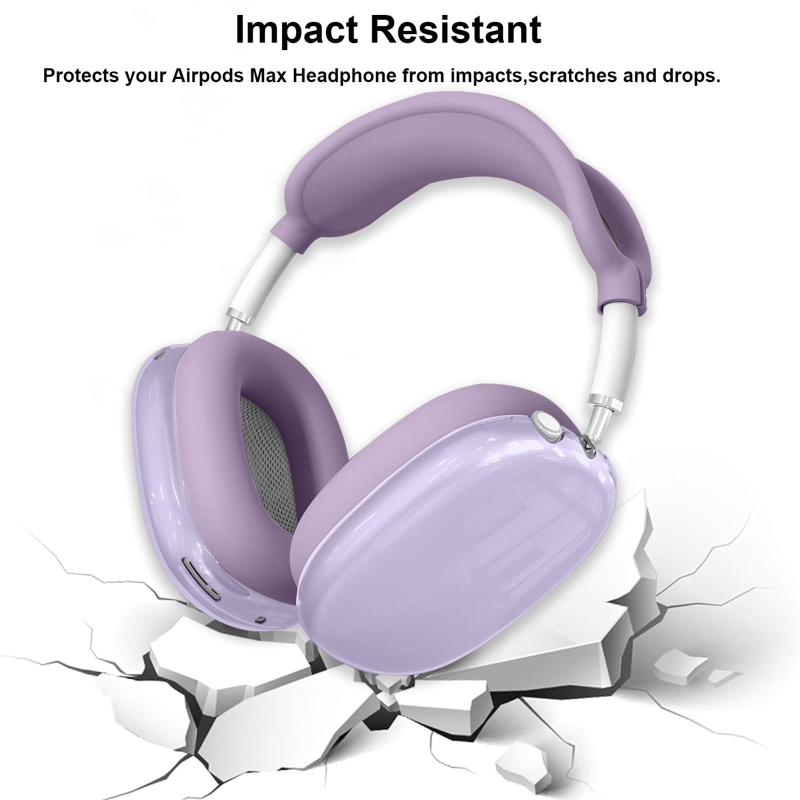 Airpods Max Kopfhörer auf weißer Oberfläche, mit einem Bild, das Stoßfestigkeit zeigt.