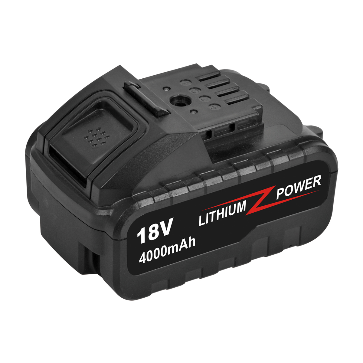 Schwarzer 18V Lithium-Ionen-Akku für ein Elektrowerkzeug. Der Akku hat die Aufschrift '18V 4000mAh'.